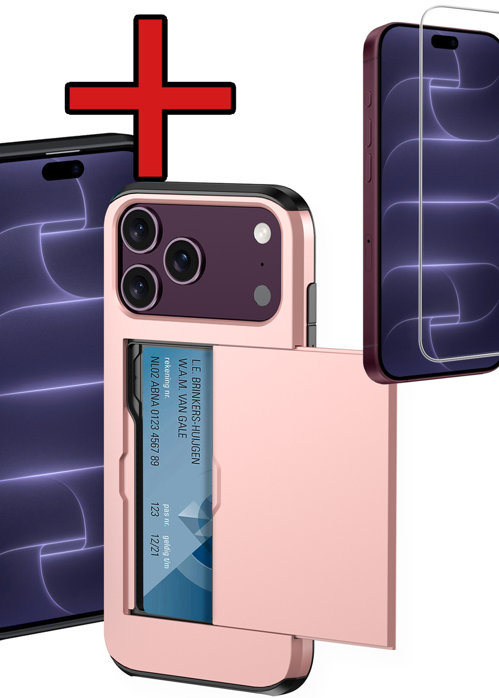 BTH BTH iPhone 18 Pro Max Hoesje Pashouder Hard Met Screenprotector - Rose Goud