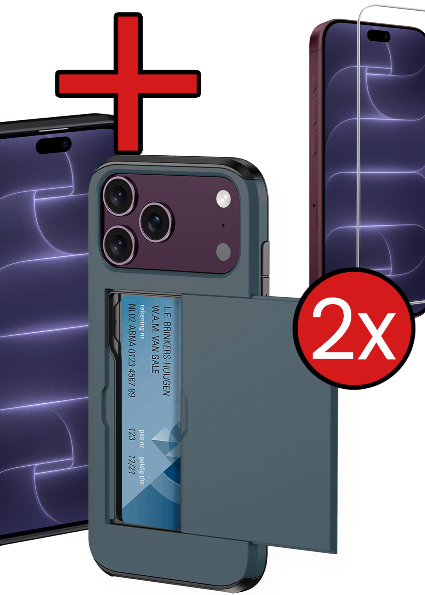 BTH BTH iPhone 18 Pro Max Hoesje Pashouder Hard Met 2x Screenprotector - Donker Blauw