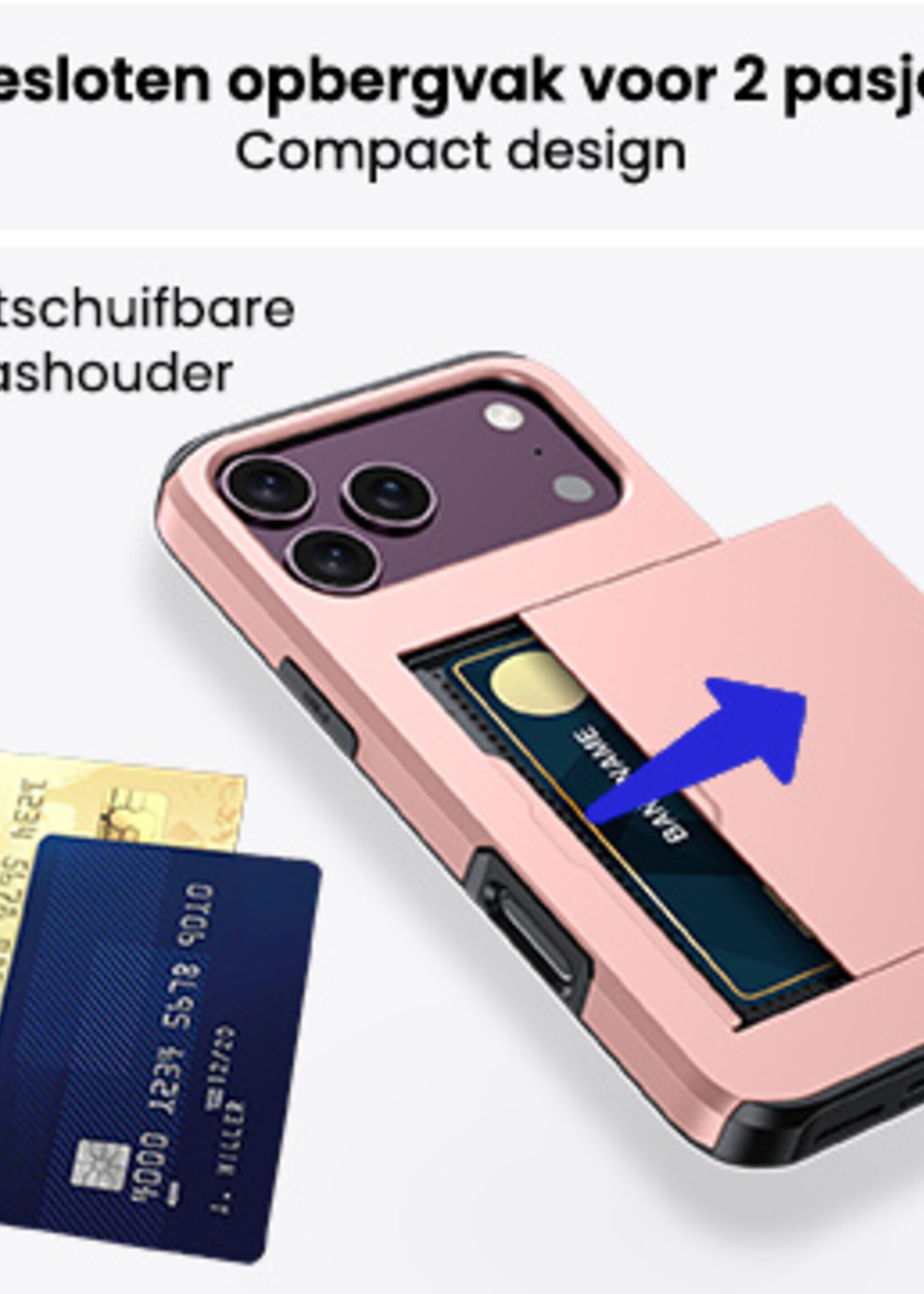 BTH BTH iPhone 18 Pro Max Hoesje Pashouder Hard Met 2x Screenprotector - Rose Goud