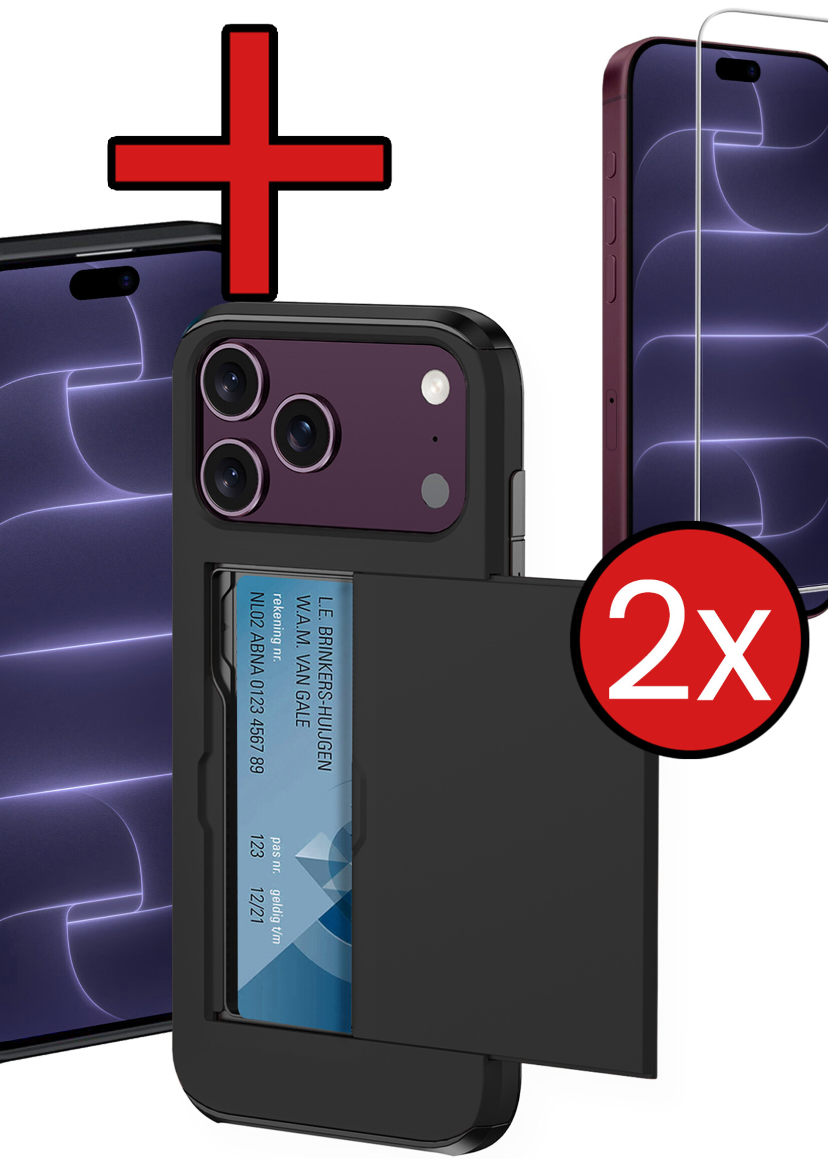 BTH BTH iPhone 18 Pro Max Hoesje Pashouder Hard Met 2x Screenprotector - Zwart