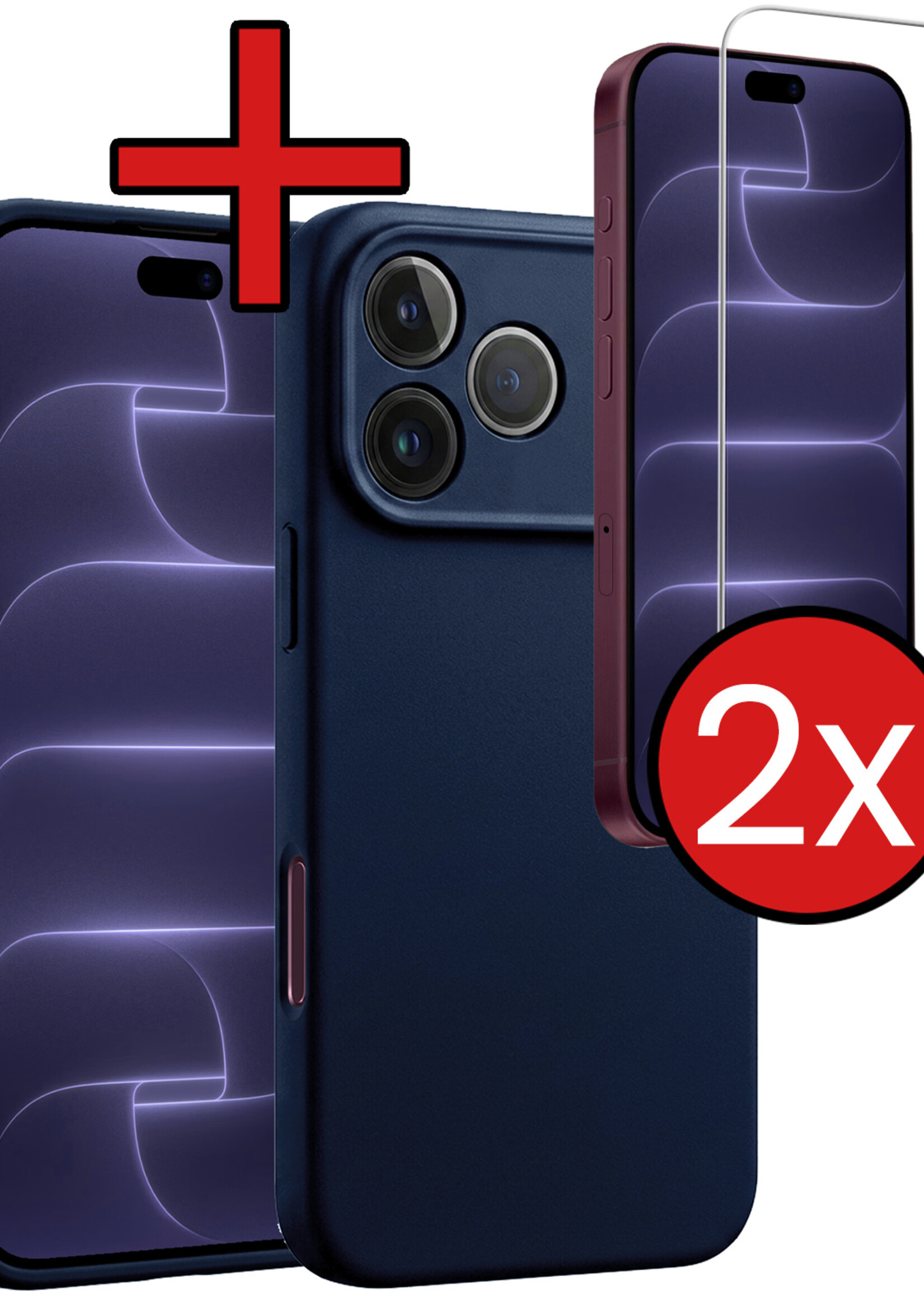 BTH BTH iPhone 18 Pro Hoesje Siliconen Met 2x Screenprotector Met Dichte Notch - Donkerblauw