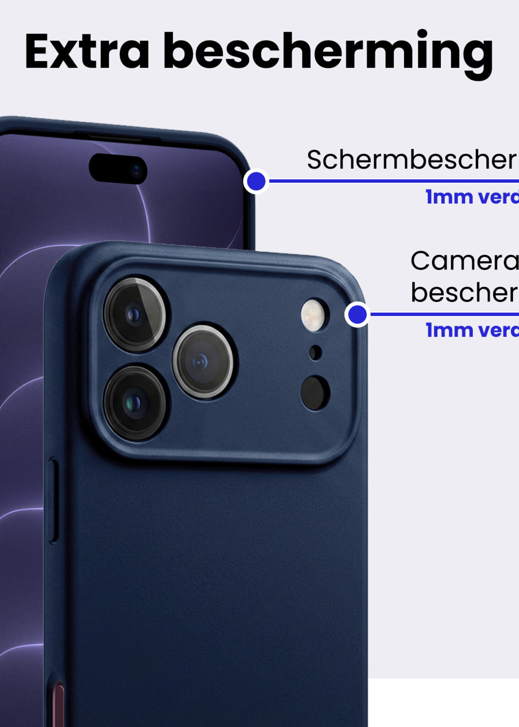 BTH BTH iPhone 18 Pro Hoesje Siliconen Met 2x Screenprotector Met Dichte Notch - Donkerblauw