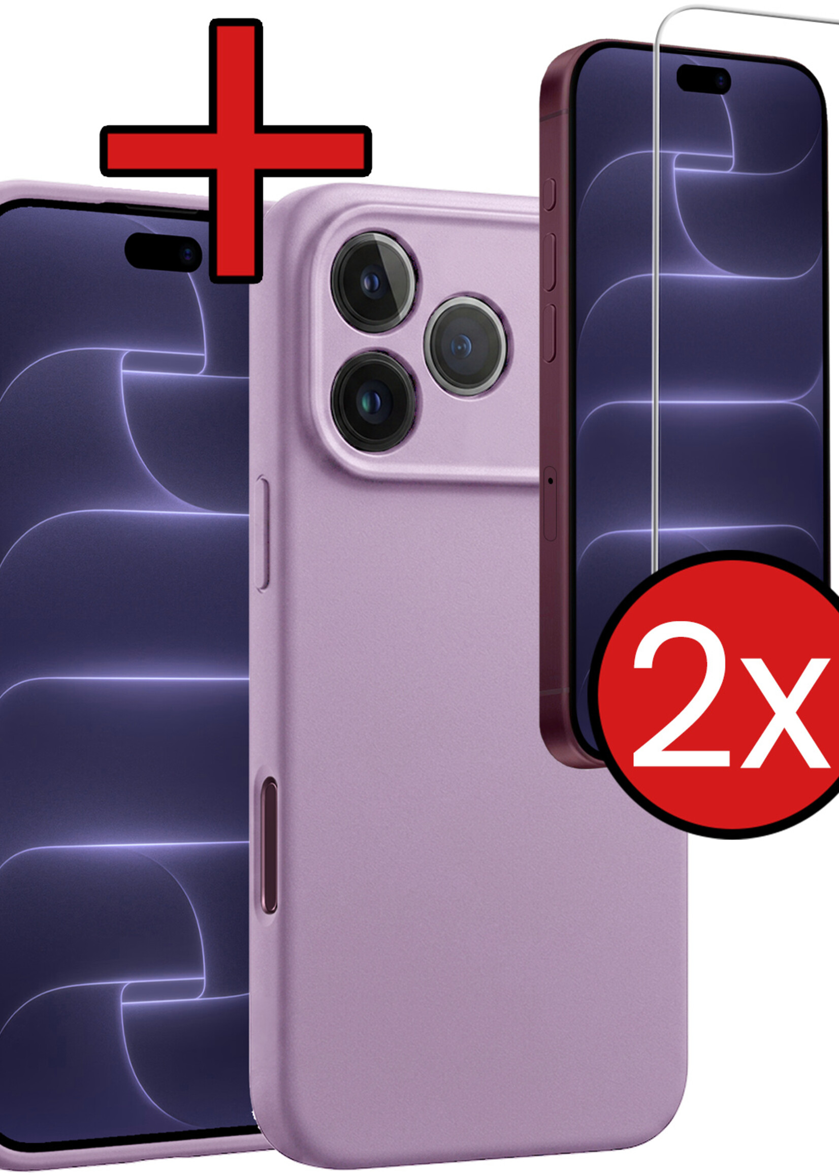 BTH BTH iPhone 18 Pro Hoesje Siliconen Met 2x Screenprotector Met Dichte Notch - Lila