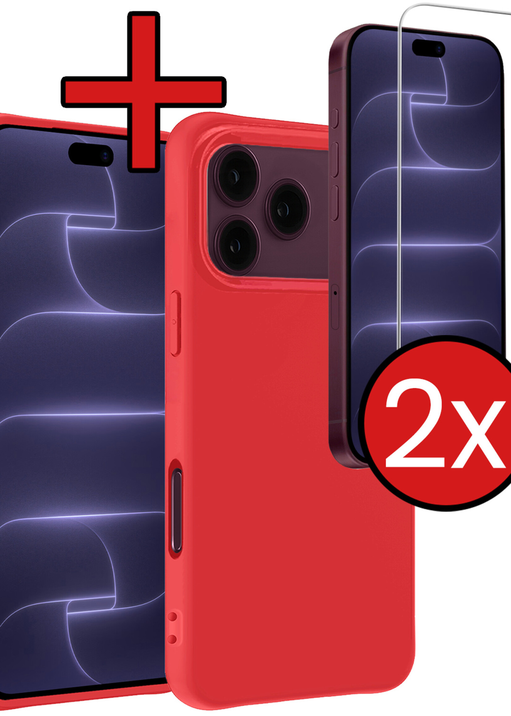 BTH BTH iPhone 18 Pro Hoesje Siliconen Met 2x Screenprotector Met Dichte Notch - Rood