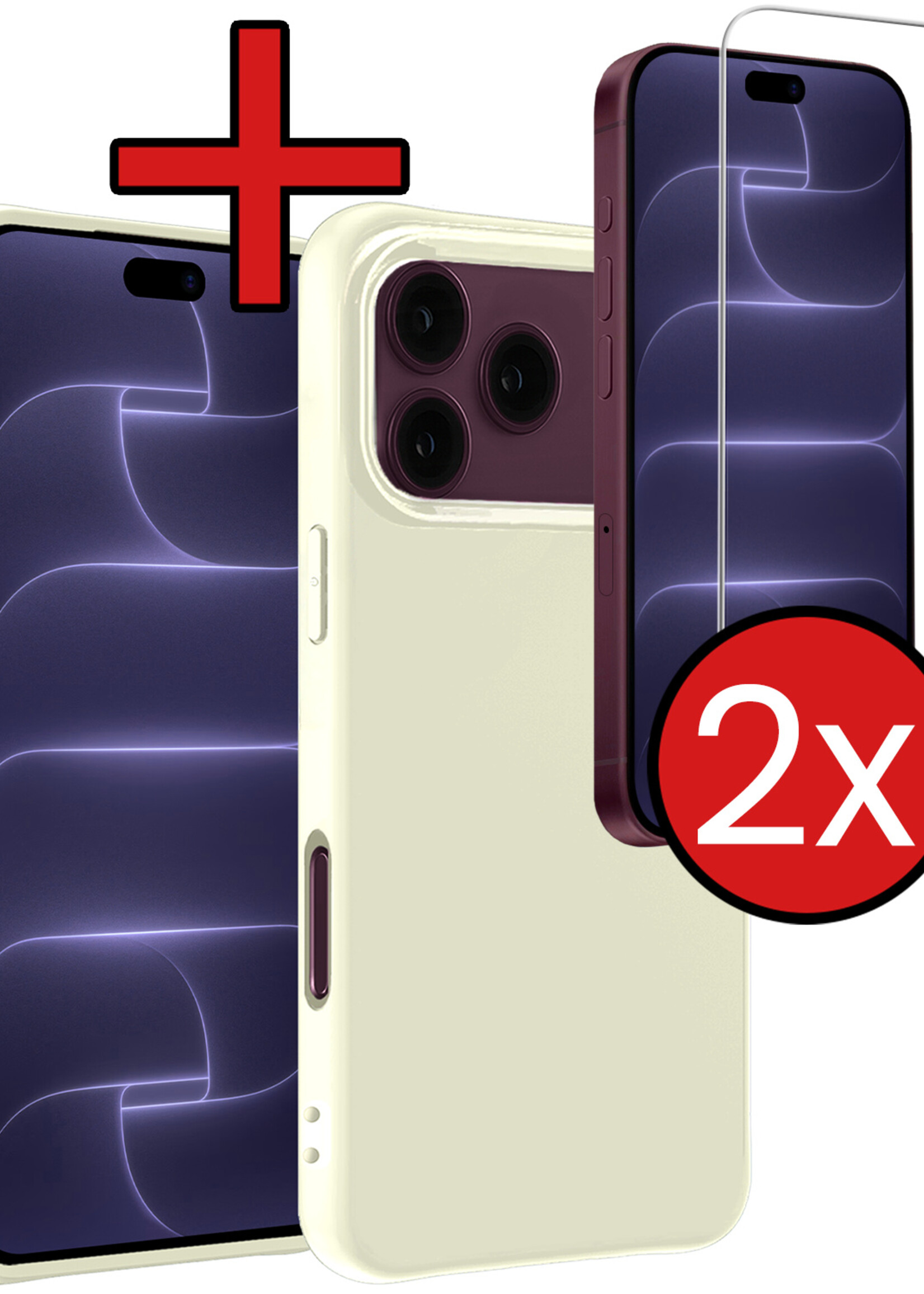 BTH BTH iPhone 18 Pro Hoesje Siliconen Met 2x Screenprotector Met Dichte Notch - Wit