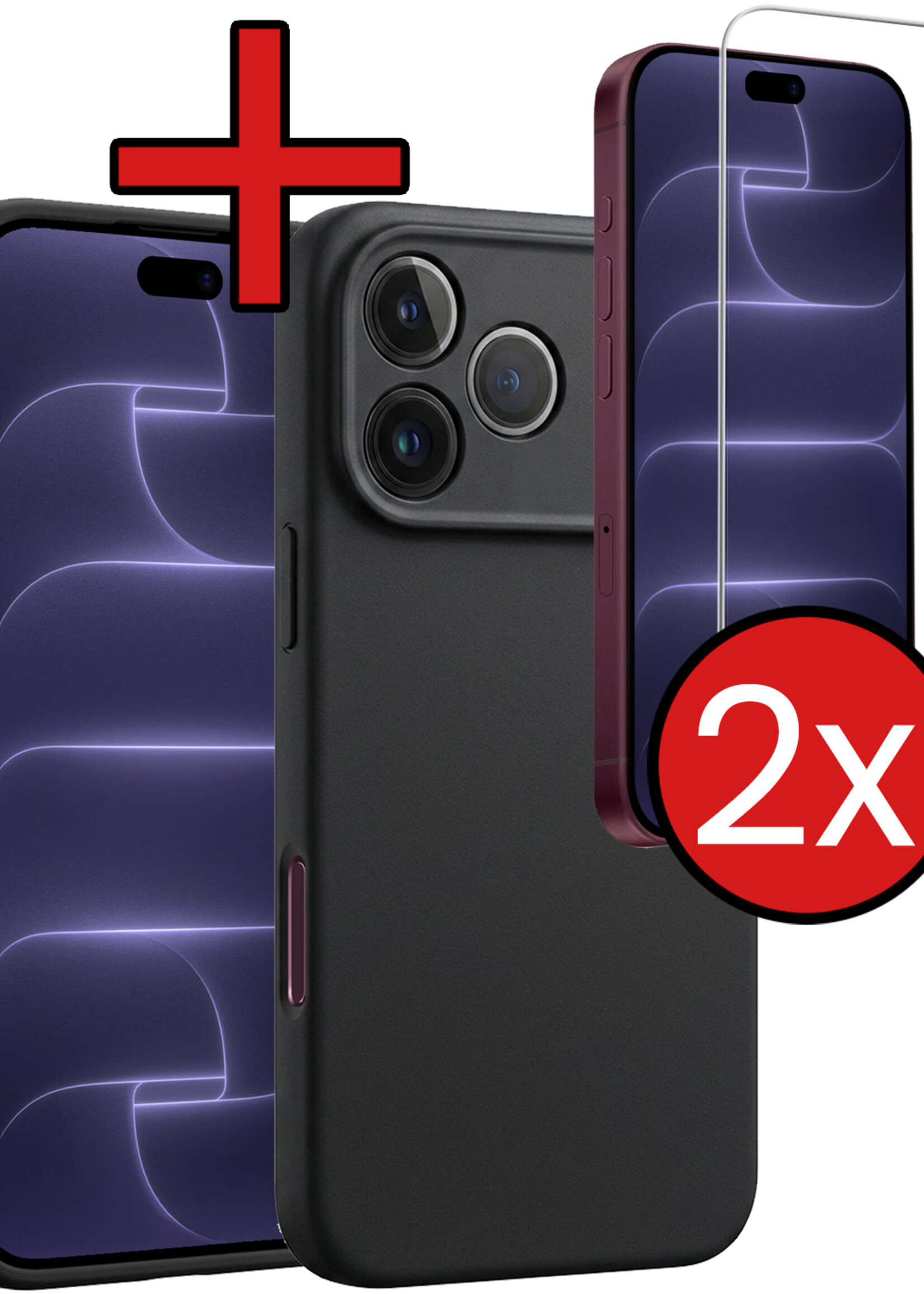 BTH BTH iPhone 18 Pro Hoesje Siliconen Met 2x Screenprotector Met Dichte Notch - Zwart