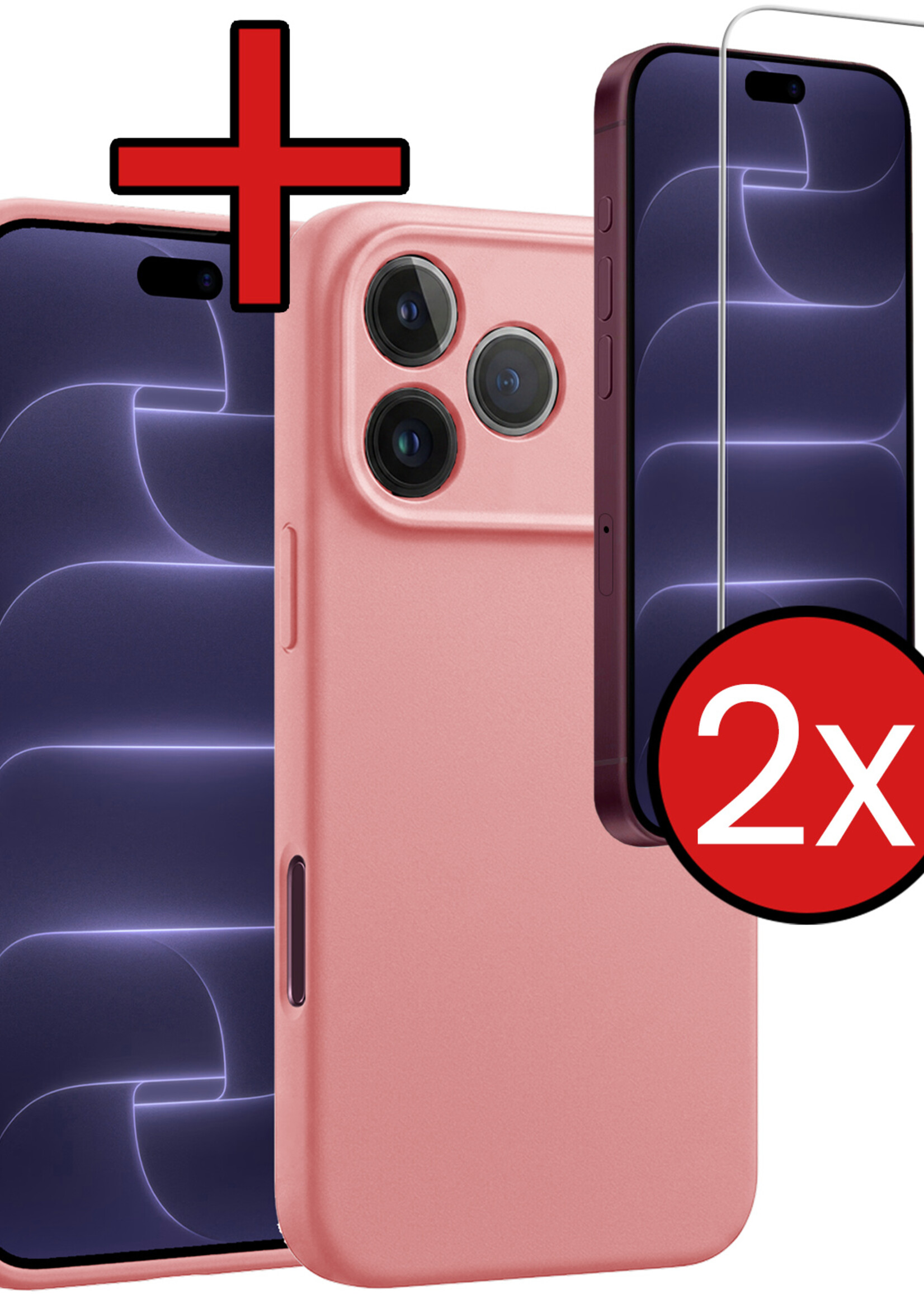 BTH BTH iPhone 18 Pro Max Hoesje Siliconen Met 2x Screenprotector Met Dichte Notch - Lichtroze