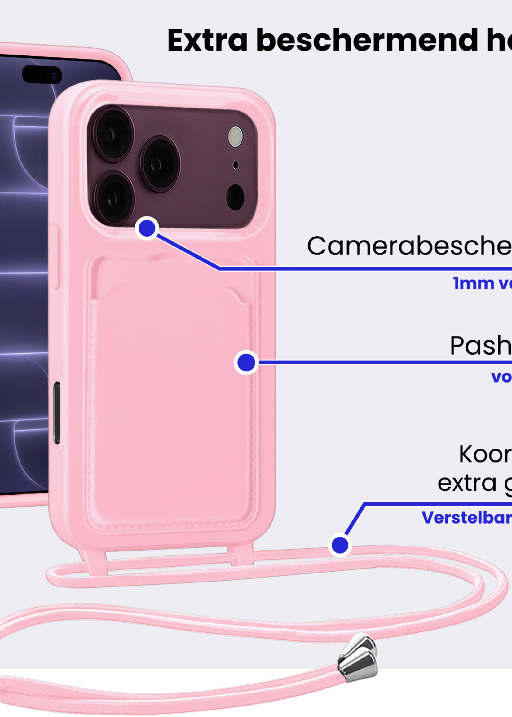 BTH BTH iPhone 18 Pro Hoesje Pashouder met Koord - Lichtroze