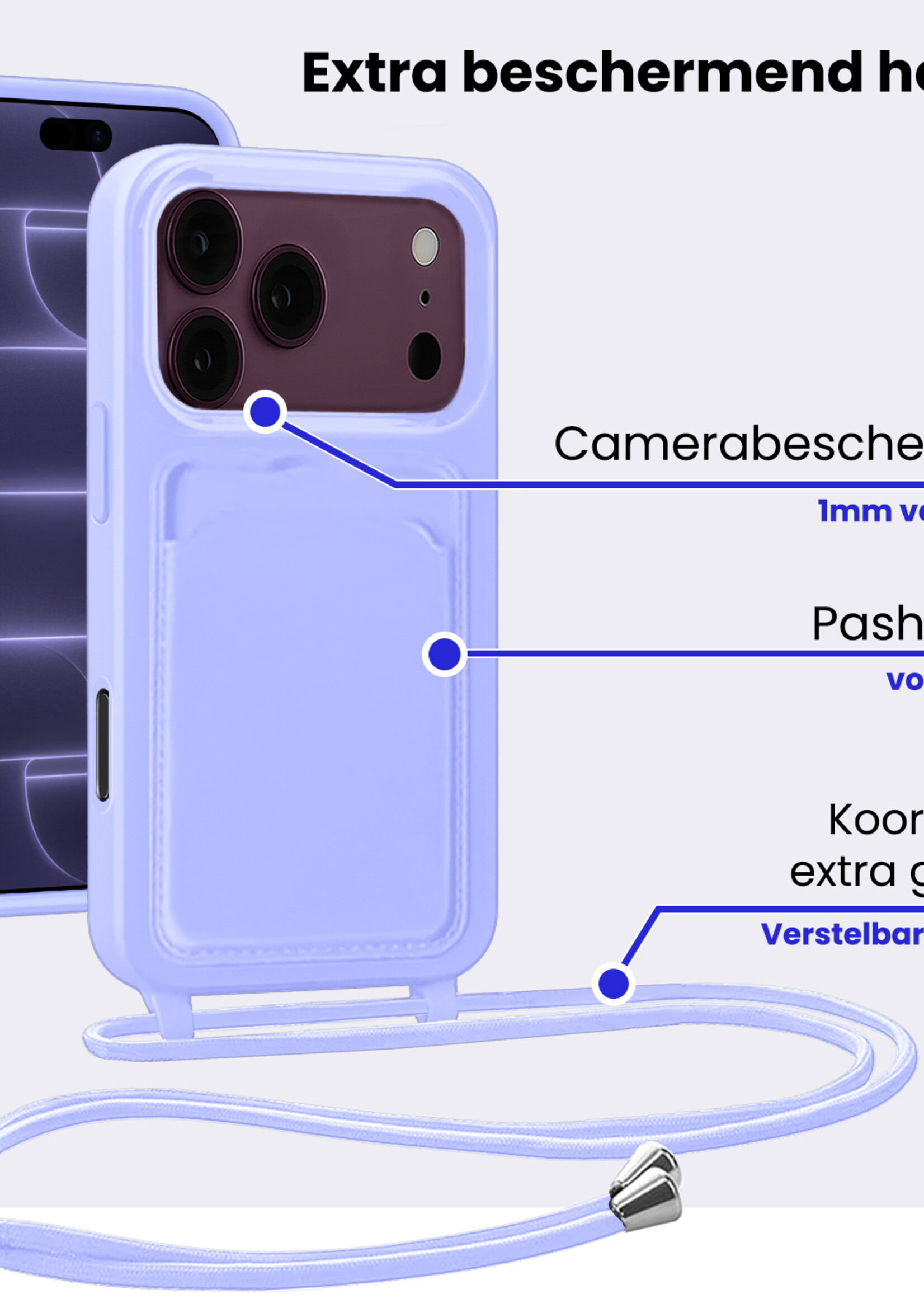 BTH BTH iPhone 18 Pro Hoesje Pashouder met Koord - Lila
