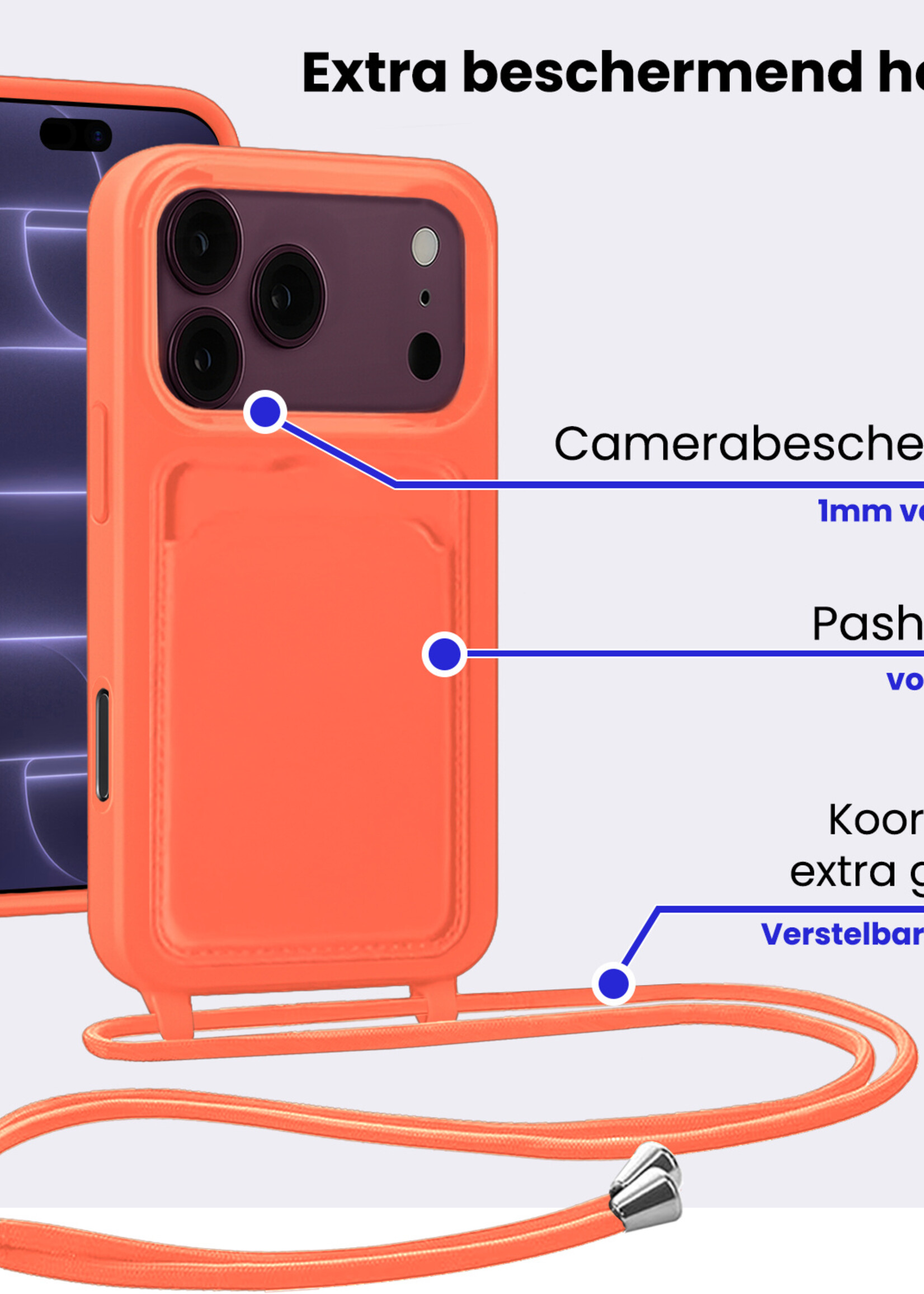 BTH BTH iPhone 18 Pro Hoesje Pashouder met Koord - Papaya