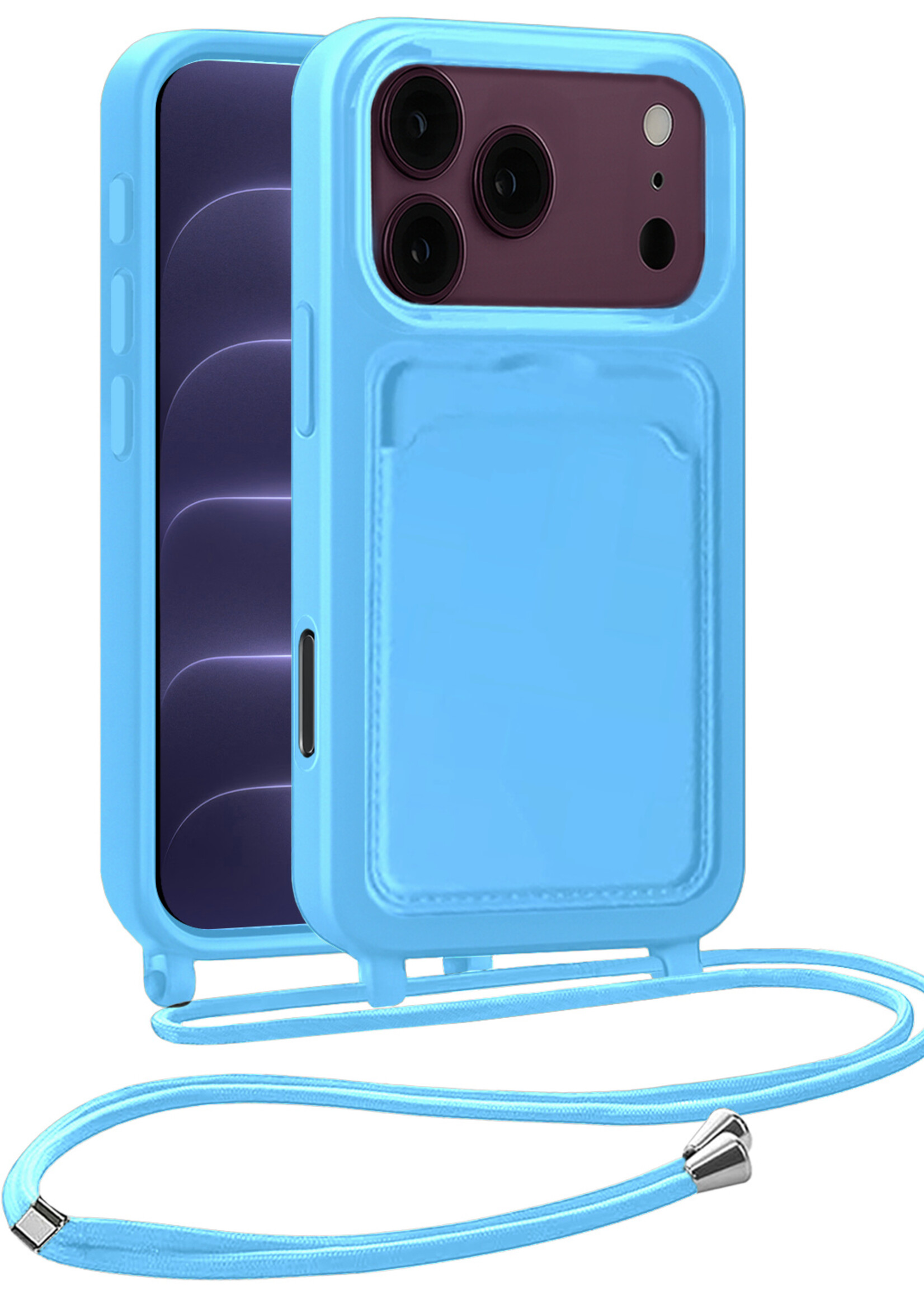 BTH BTH iPhone 18 Pro Max Hoesje Pashouder met Koord - Lichtblauw