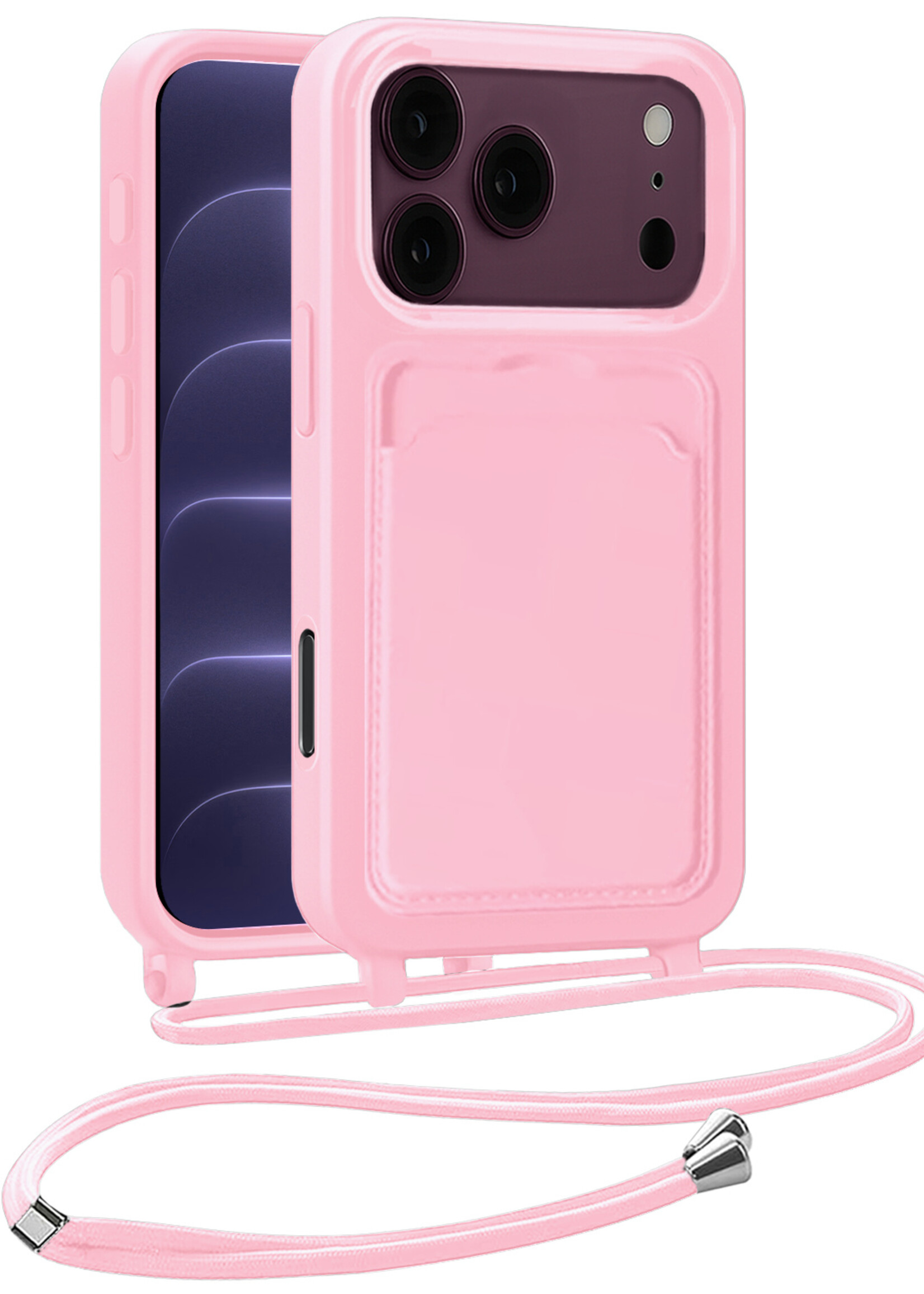 BTH BTH iPhone 18 Pro Max Hoesje Pashouder met Koord - Lichtroze
