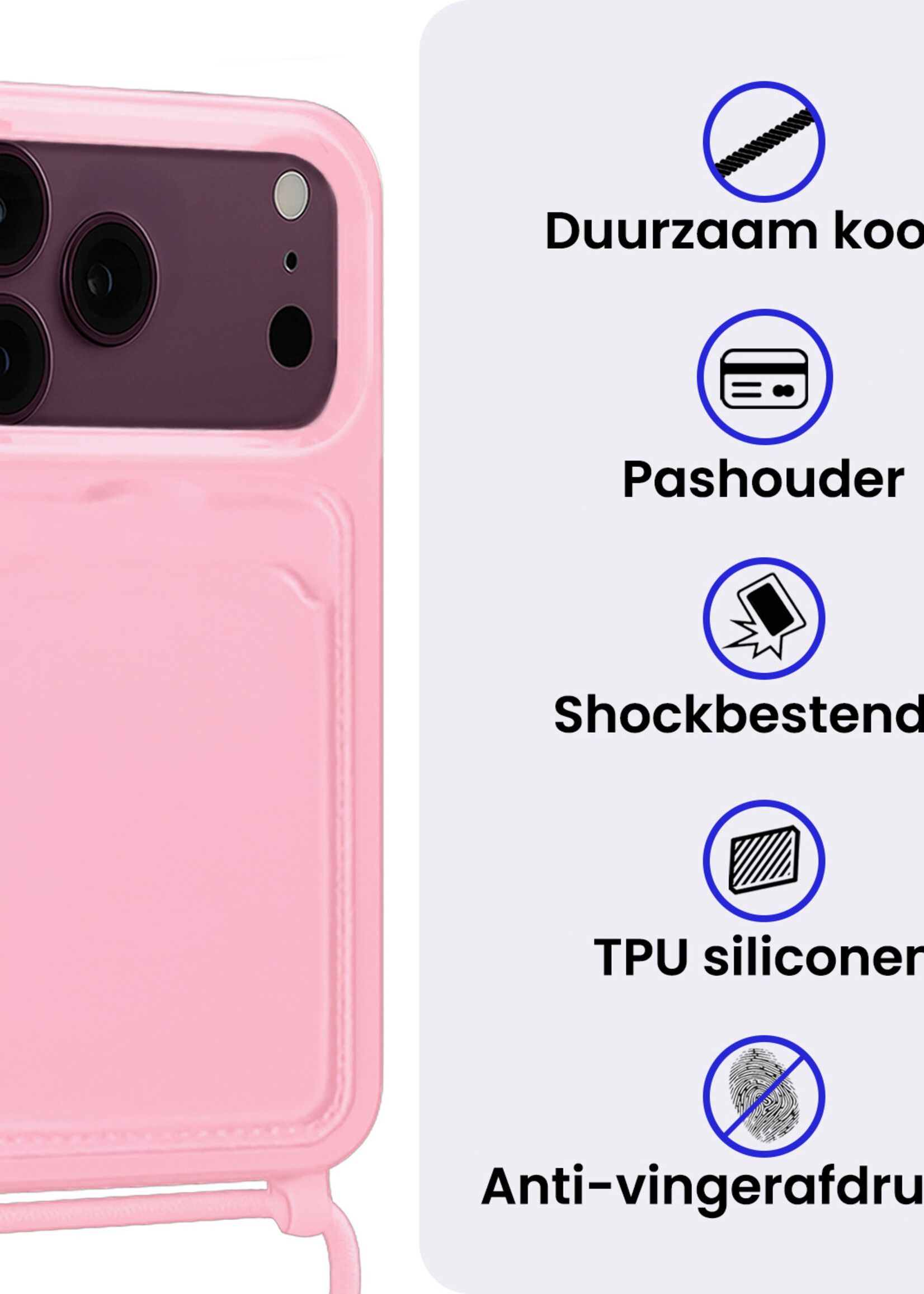 BTH BTH iPhone 18 Pro Max Hoesje Pashouder met Koord - Lichtroze