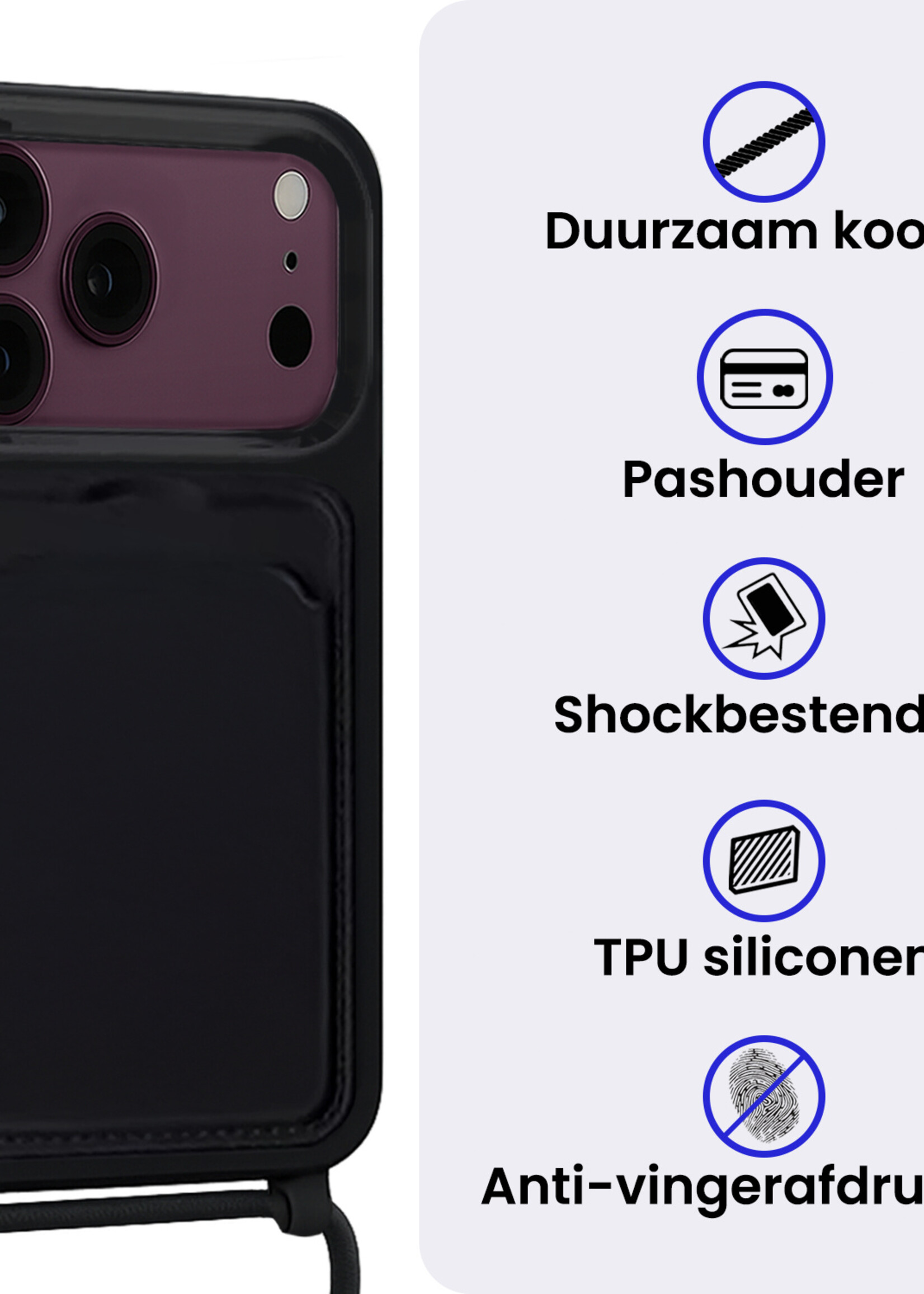BTH BTH iPhone 18 Pro Max Hoesje Pashouder met Koord - Zwart