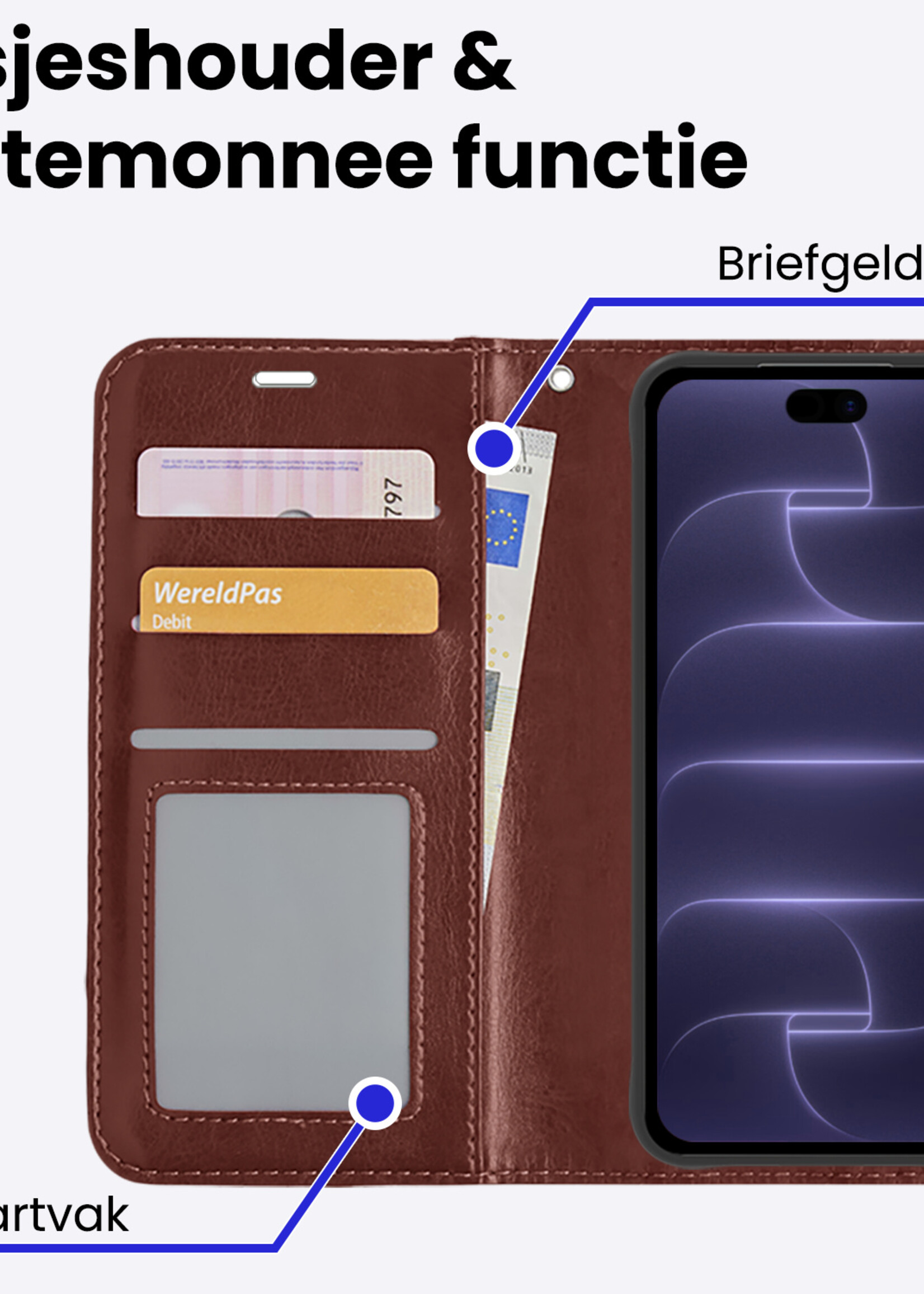 BTH BTH iPhone 18 Pro Hoesje Bookcase Met Screenprotector - Bruin