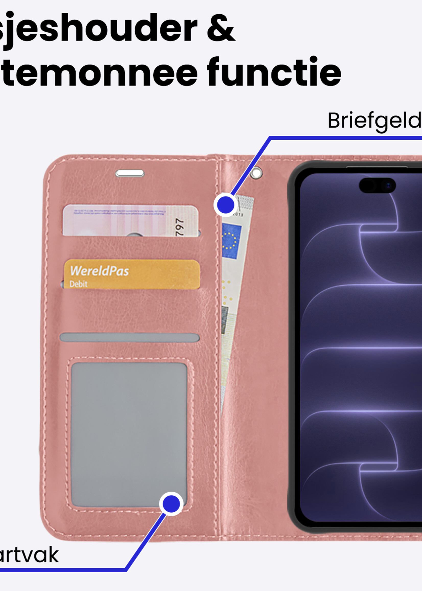 BTH BTH iPhone 18 Pro Hoesje Bookcase Met Screenprotector - Rose Goud