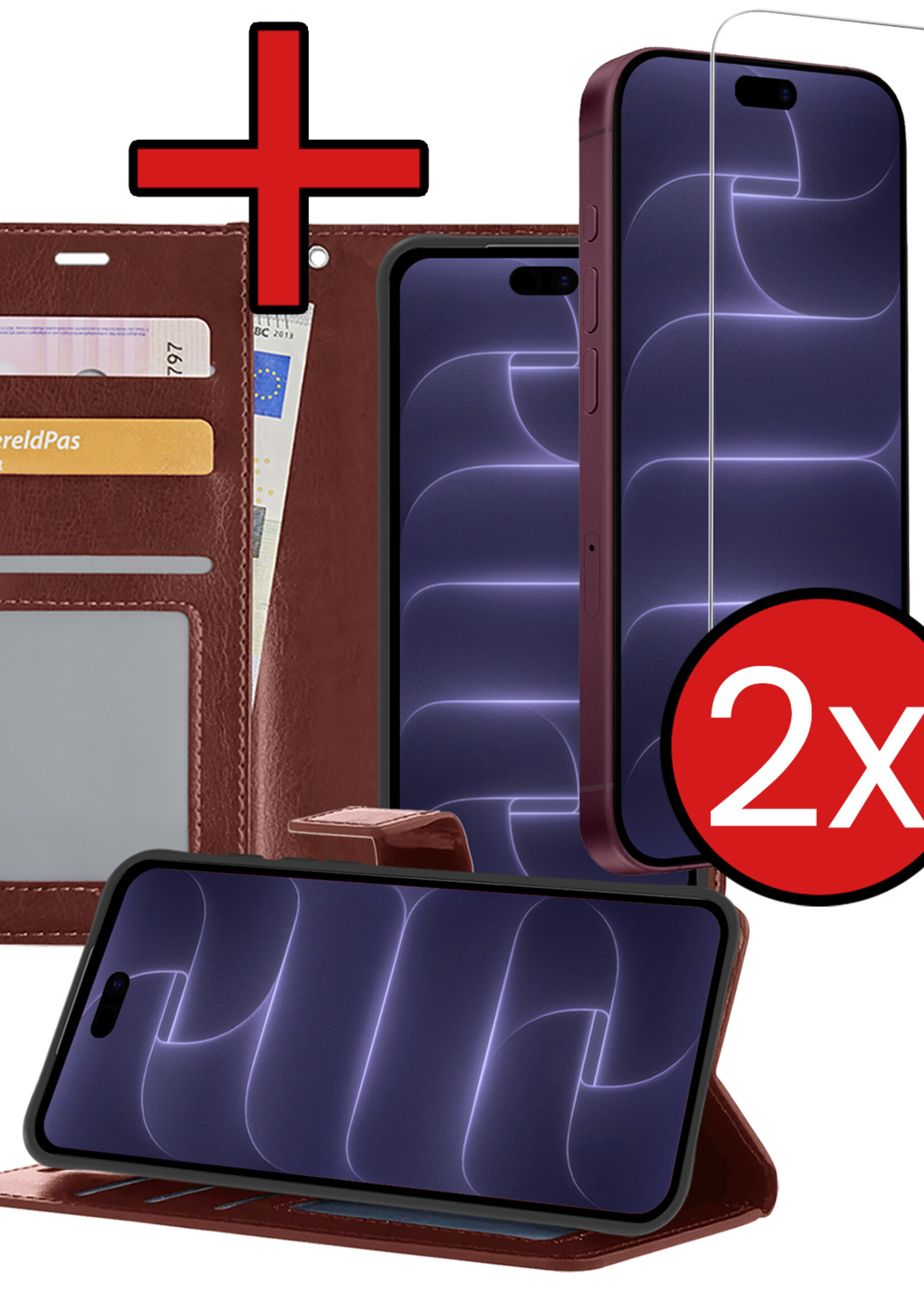 BTH BTH iPhone 18 Pro Max Hoesje Bookcase Met 2x Screenprotector - Bruin