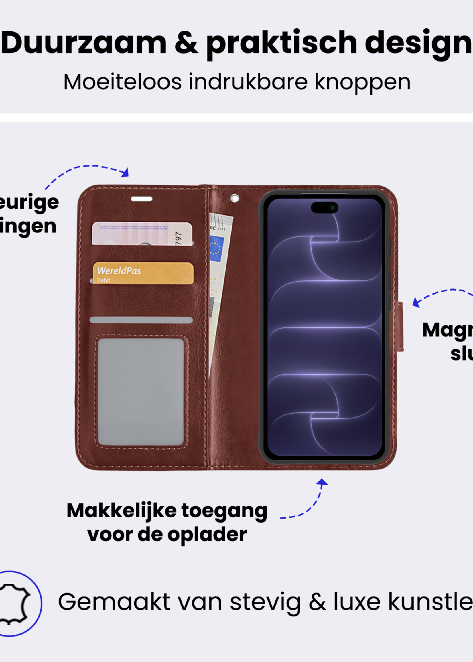 BTH BTH iPhone 18 Pro Max Hoesje Bookcase Met 2x Screenprotector - Bruin
