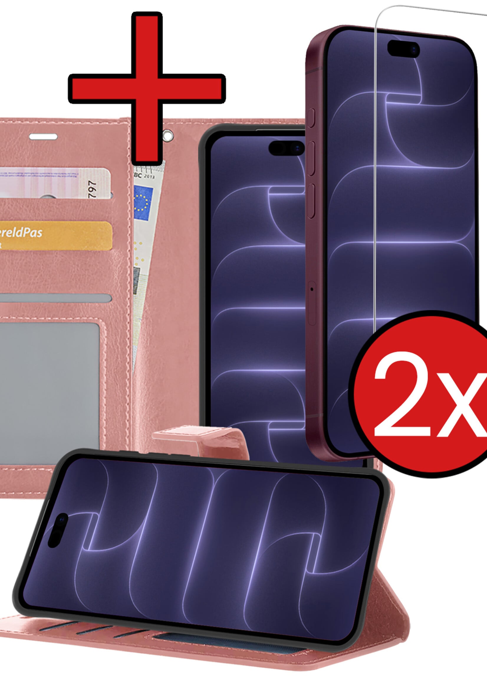BTH BTH iPhone 18 Pro Max Hoesje Bookcase Met 2x Screenprotector - Rose Goud
