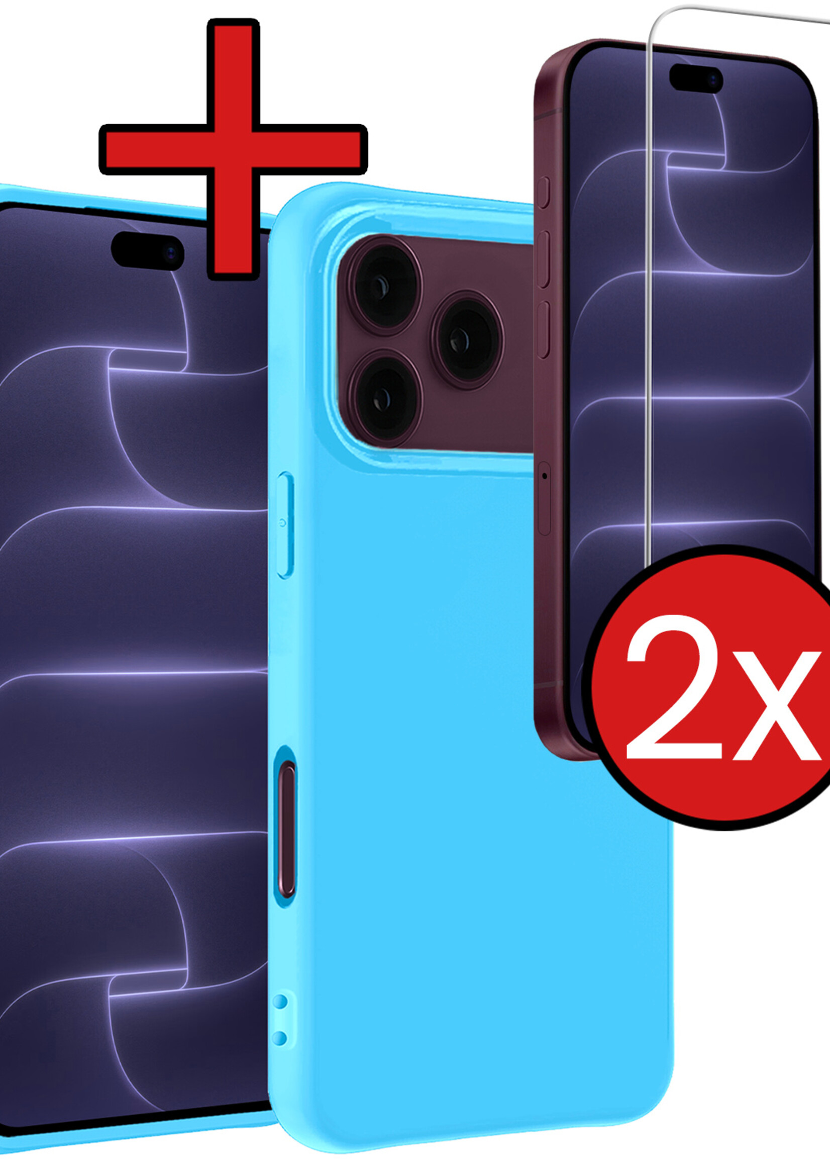 BTH BTH iPhone 18 Pro Hoesje Siliconen Met 2x Screenprotector Met Dichte Notch - Lichtblauw