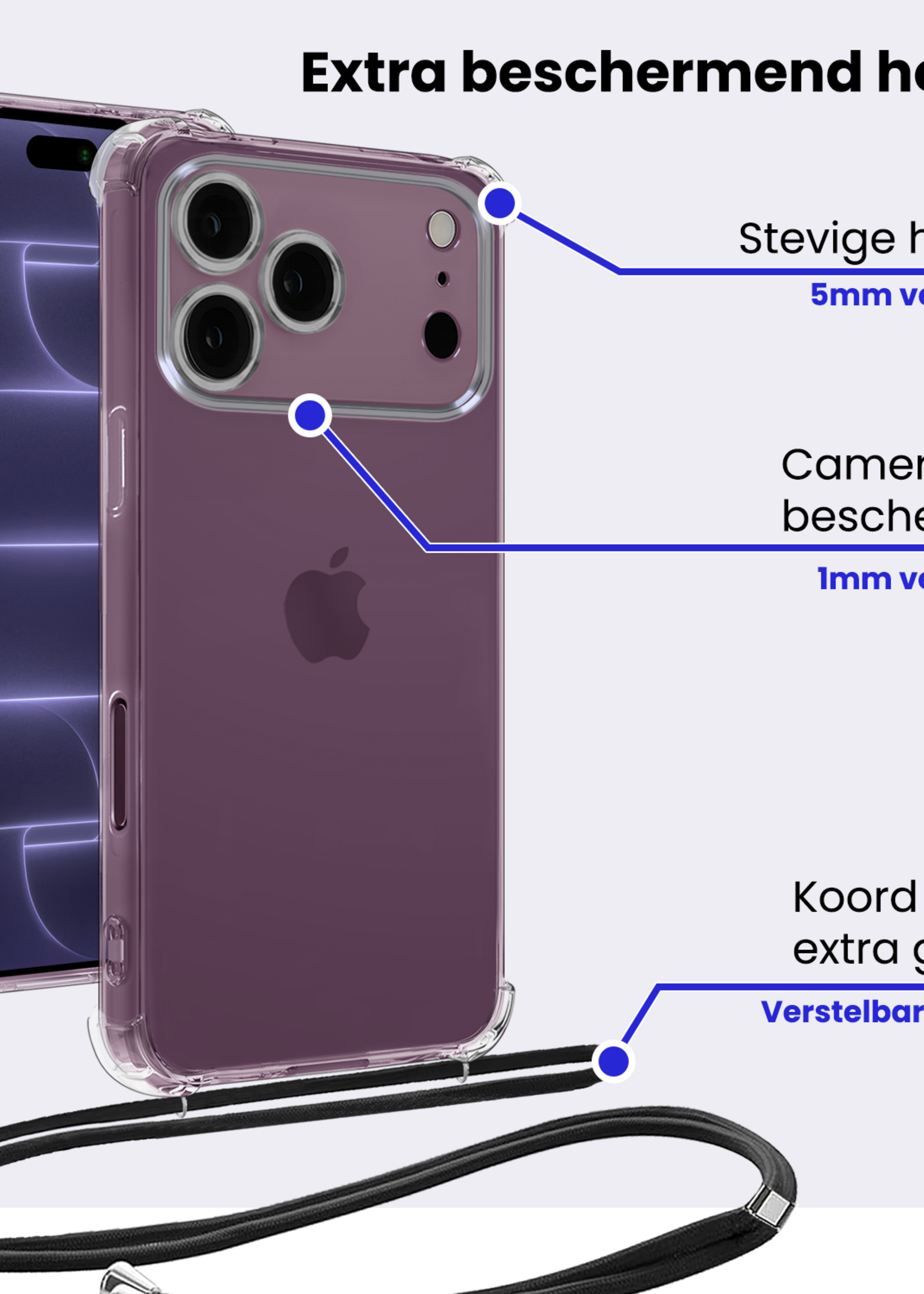 BTH BTH iPhone 18 Pro Max Hoesje Transparant Shockproof Met Zwart Koord