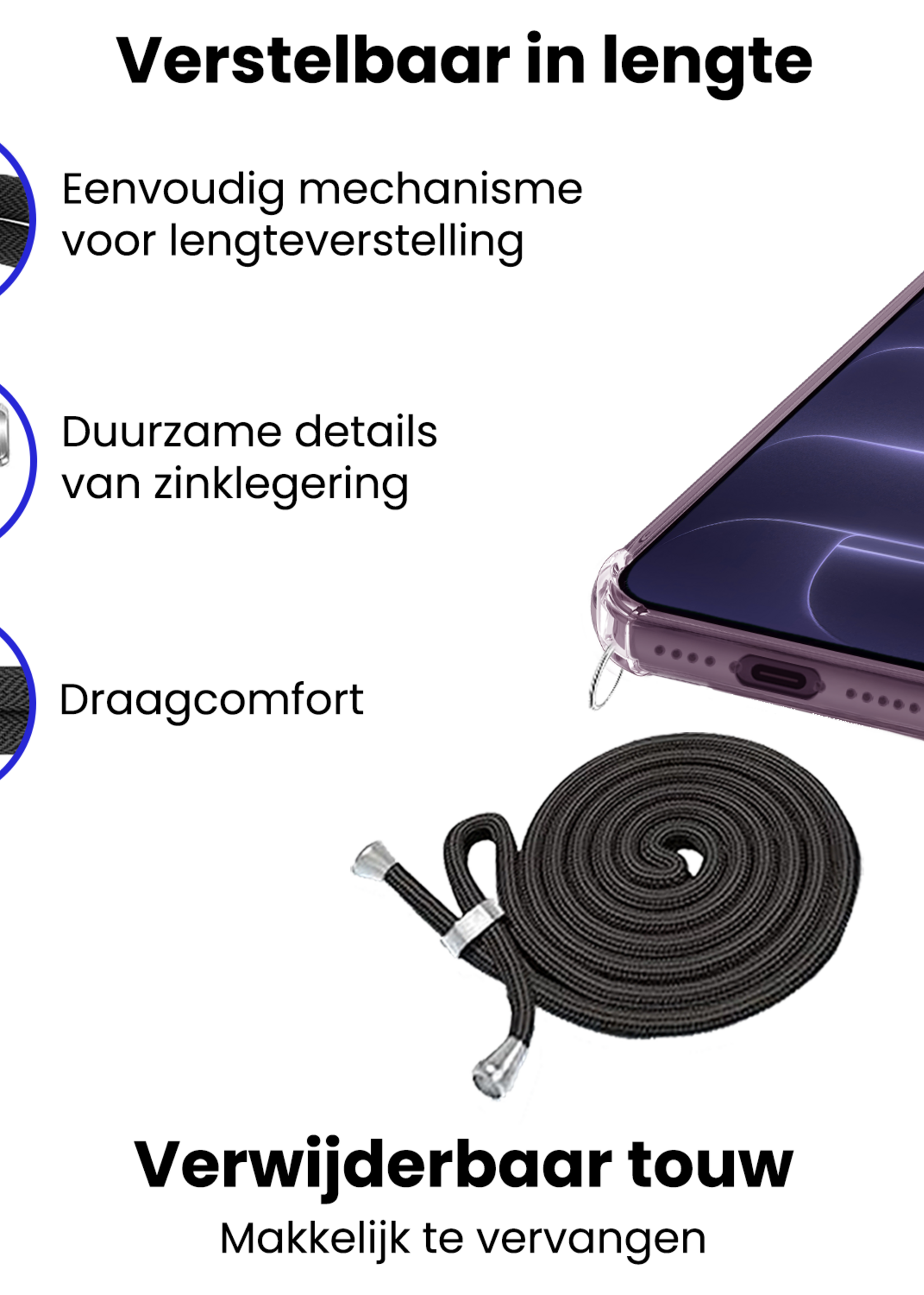 BTH BTH iPhone 18 Pro Max Hoesje Transparant Shockproof Met Zwart Koord