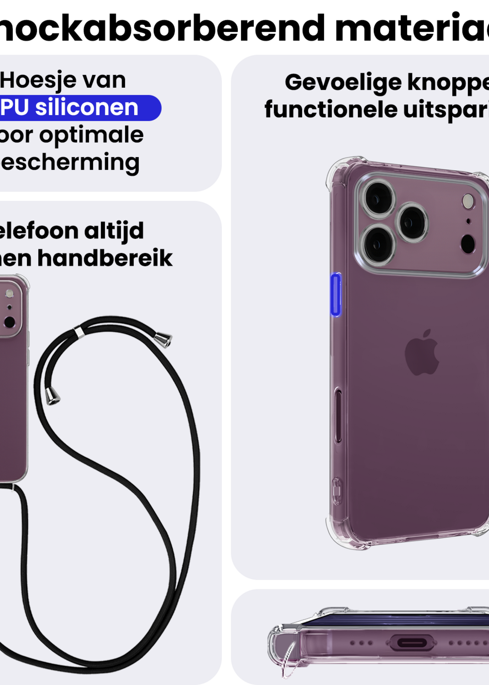 BTH BTH iPhone 18 Pro Max Hoesje Transparant Shockproof Met Zwart Koord