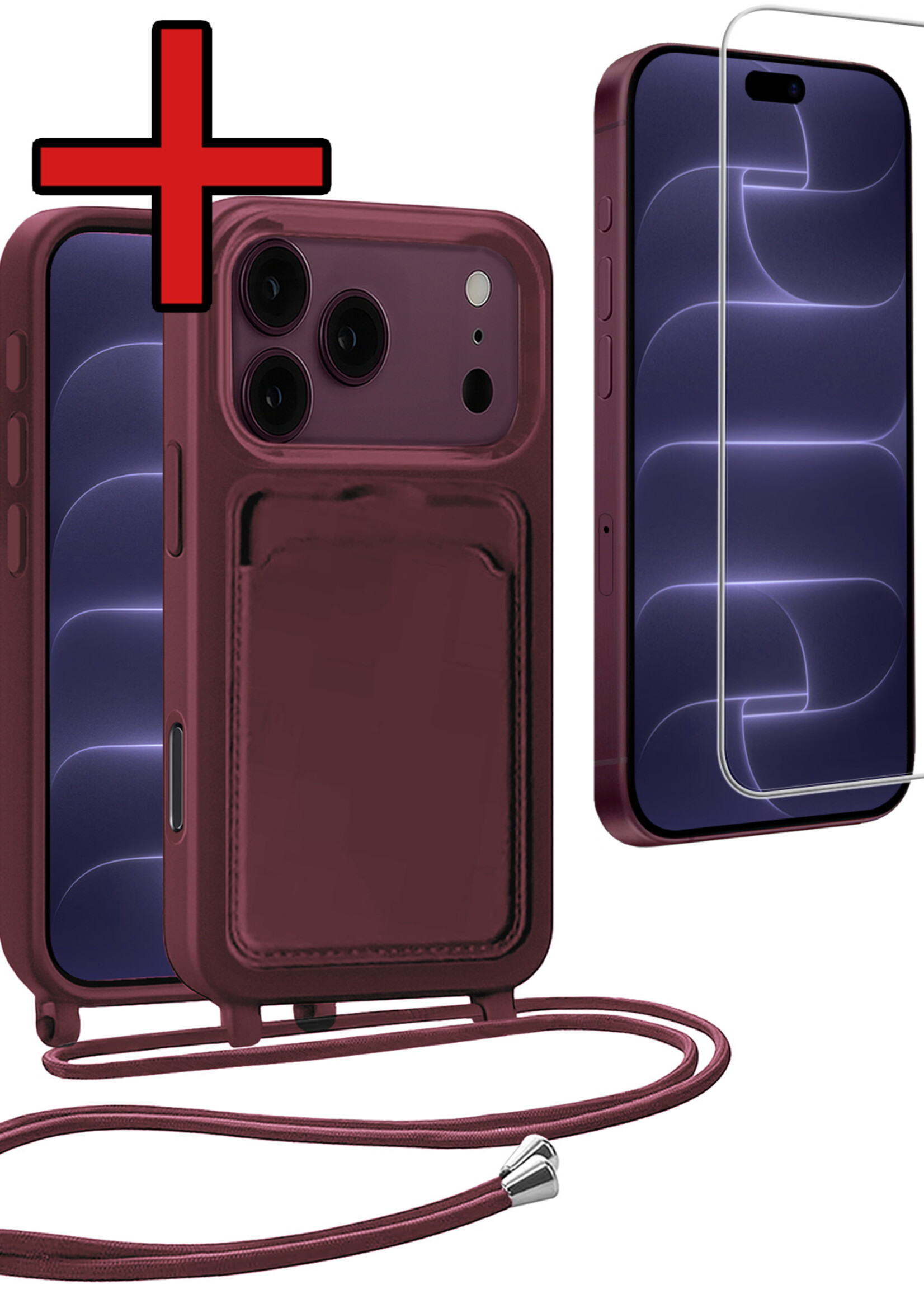 BTH BTH iPhone 18 Pro Hoesje Pashouder met Koord Met Screenprotector - Aubergine