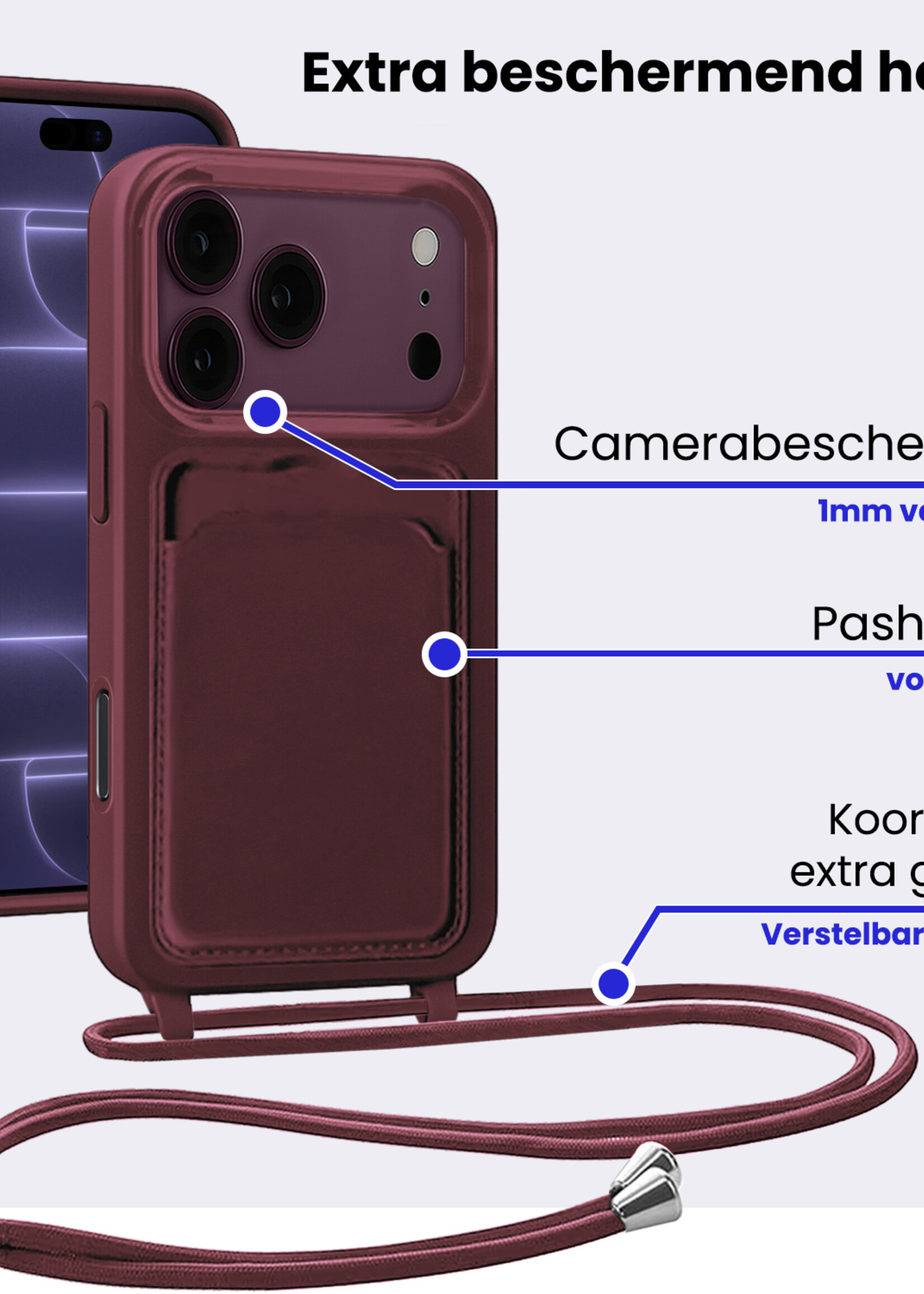 BTH BTH iPhone 18 Pro Hoesje Pashouder met Koord Met Screenprotector - Aubergine