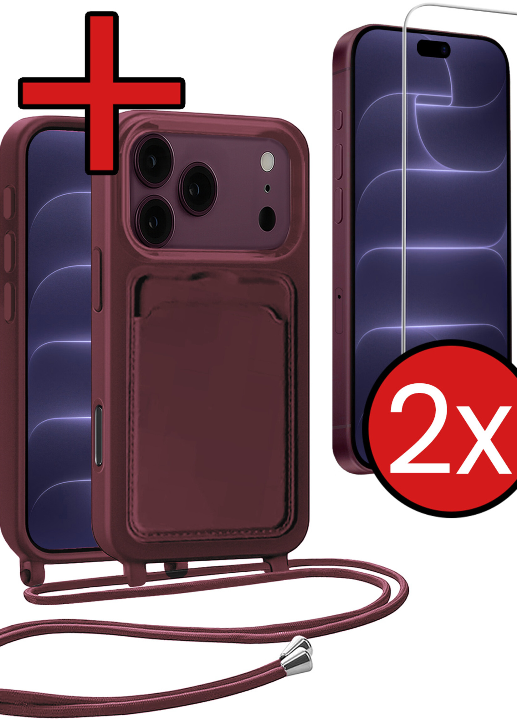 BTH BTH iPhone 18 Pro Hoesje Pashouder met Koord Met 2x Screenprotector - Aubergine