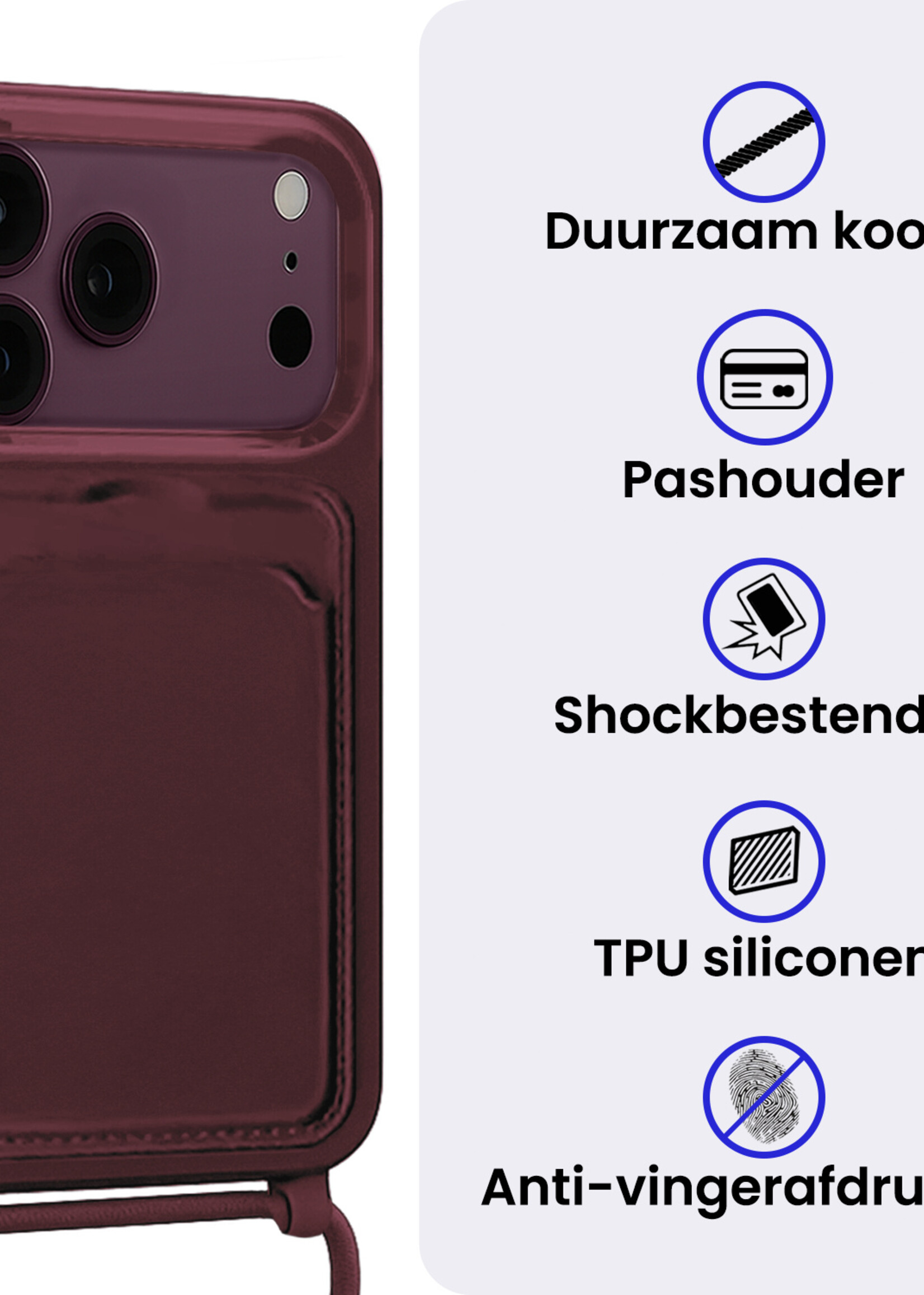 BTH BTH iPhone 18 Pro Hoesje Pashouder met Koord Met 2x Screenprotector - Aubergine