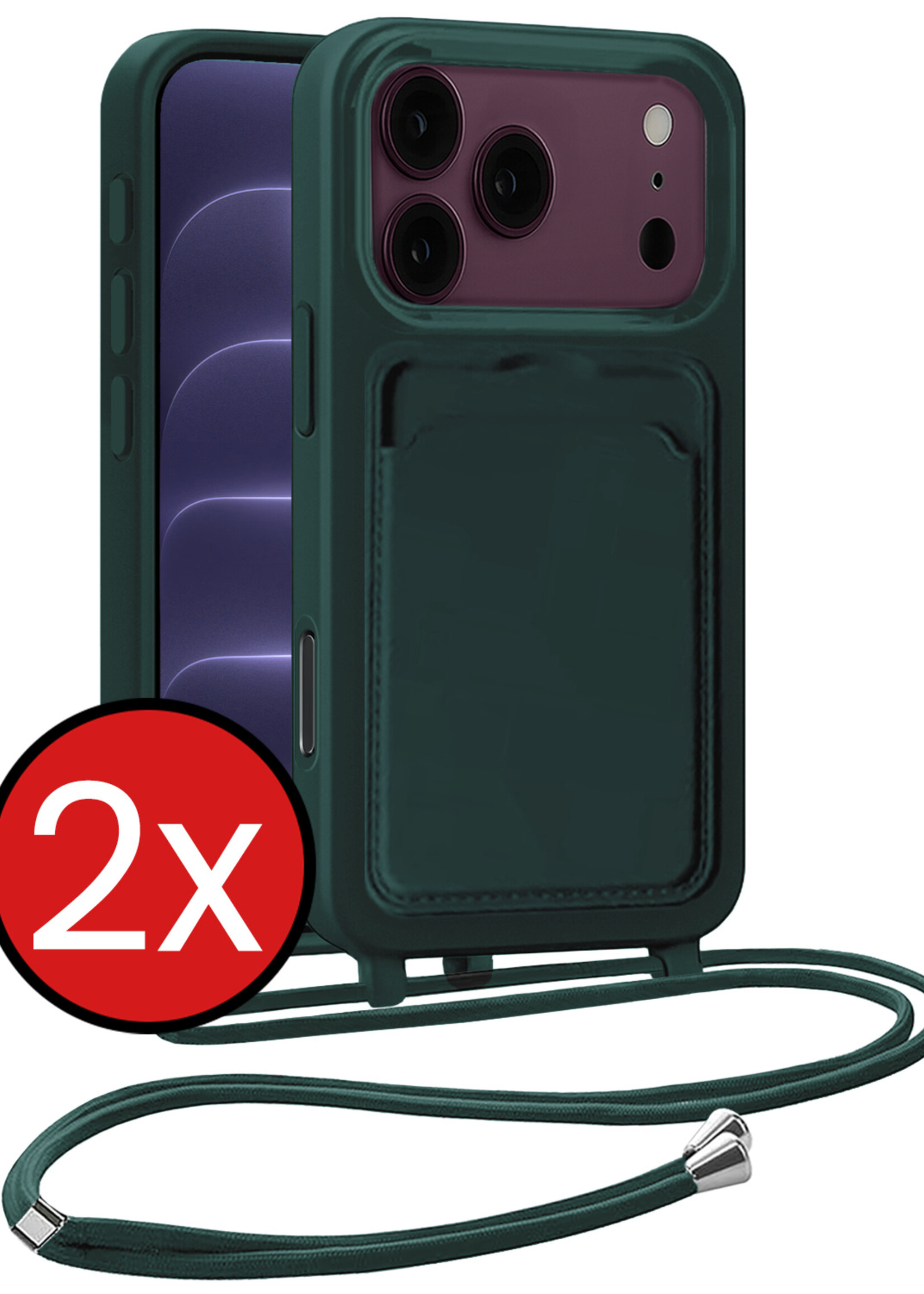 BTH BTH iPhone 18 Pro Hoesje Pashouder met Koord - Donkergroen - 2 PACK