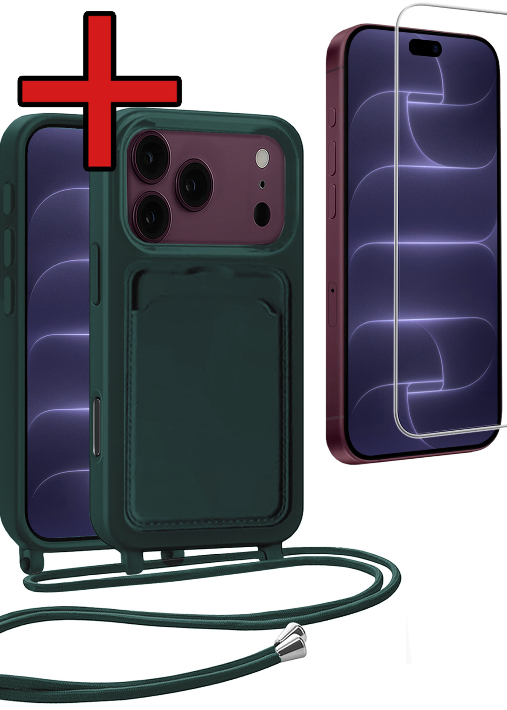 BTH BTH iPhone 18 Pro Hoesje Pashouder met Koord Met Screenprotector - Donkergroen