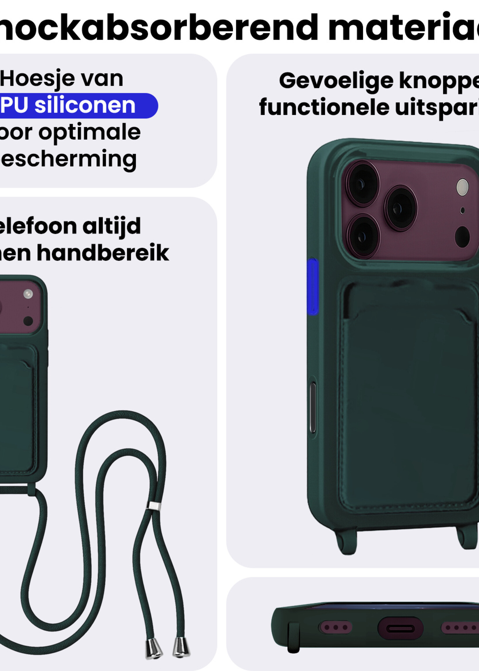 BTH BTH iPhone 18 Pro Hoesje Pashouder met Koord Met Screenprotector - Donkergroen