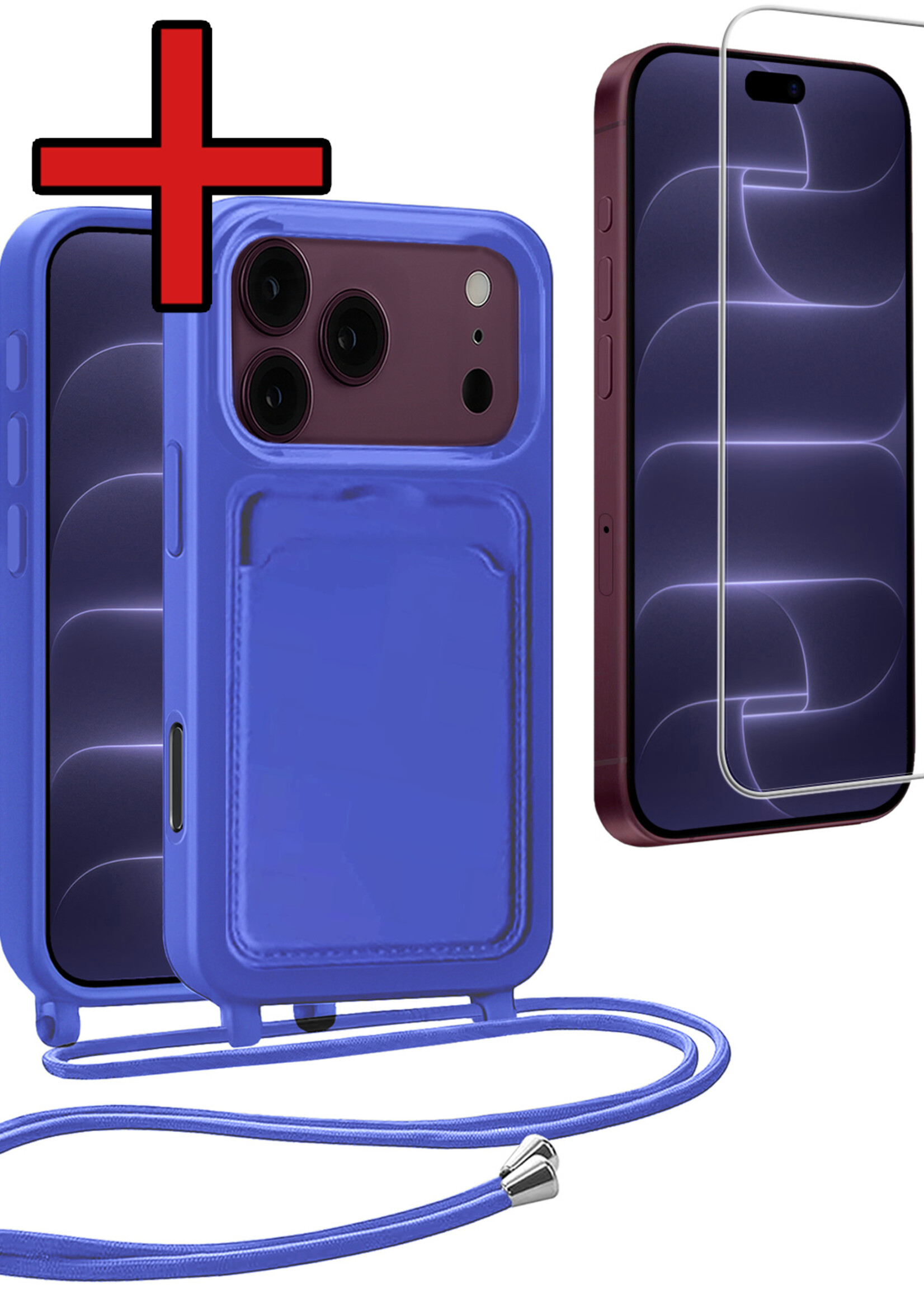 BTH BTH iPhone 18 Pro Hoesje Pashouder met Koord Met Screenprotector - Fel Blauw
