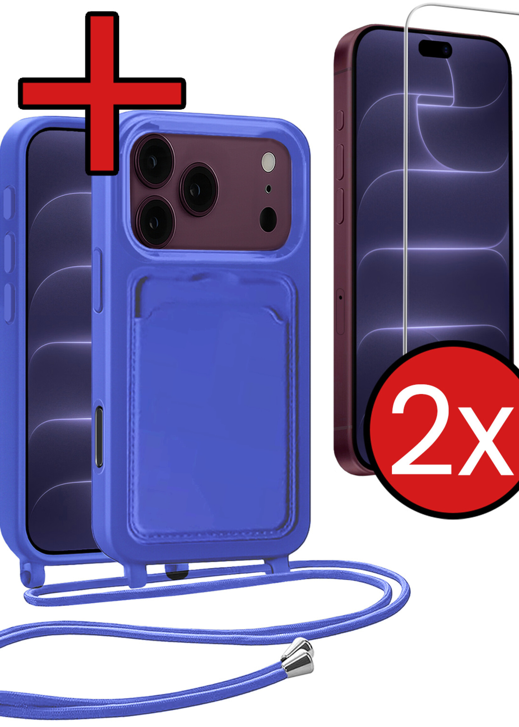 BTH BTH iPhone 18 Pro Hoesje Pashouder met Koord Met 2x Screenprotector - Fel Blauw