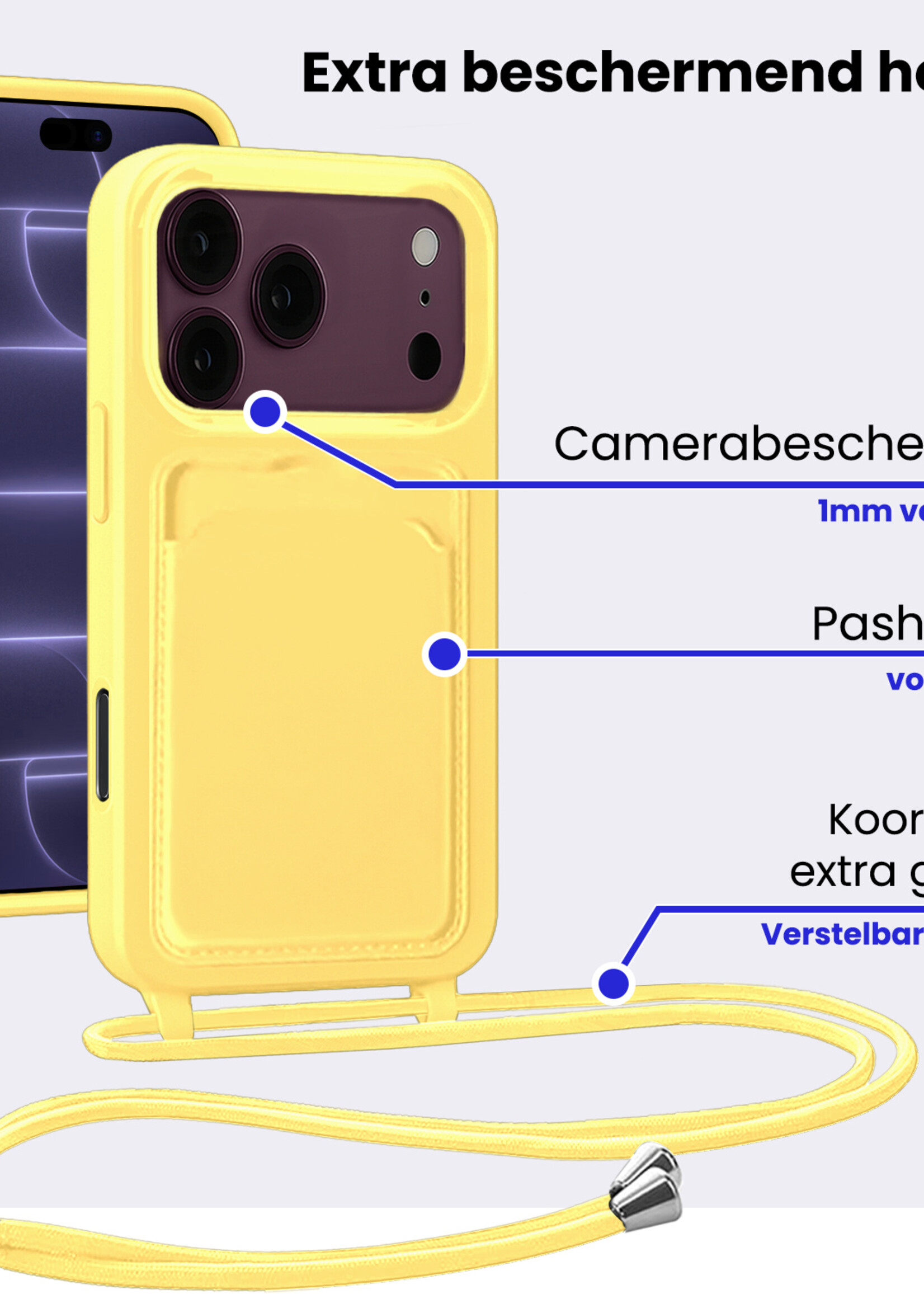 BTH BTH iPhone 18 Pro Hoesje Pashouder met Koord Met Screenprotector - Geel