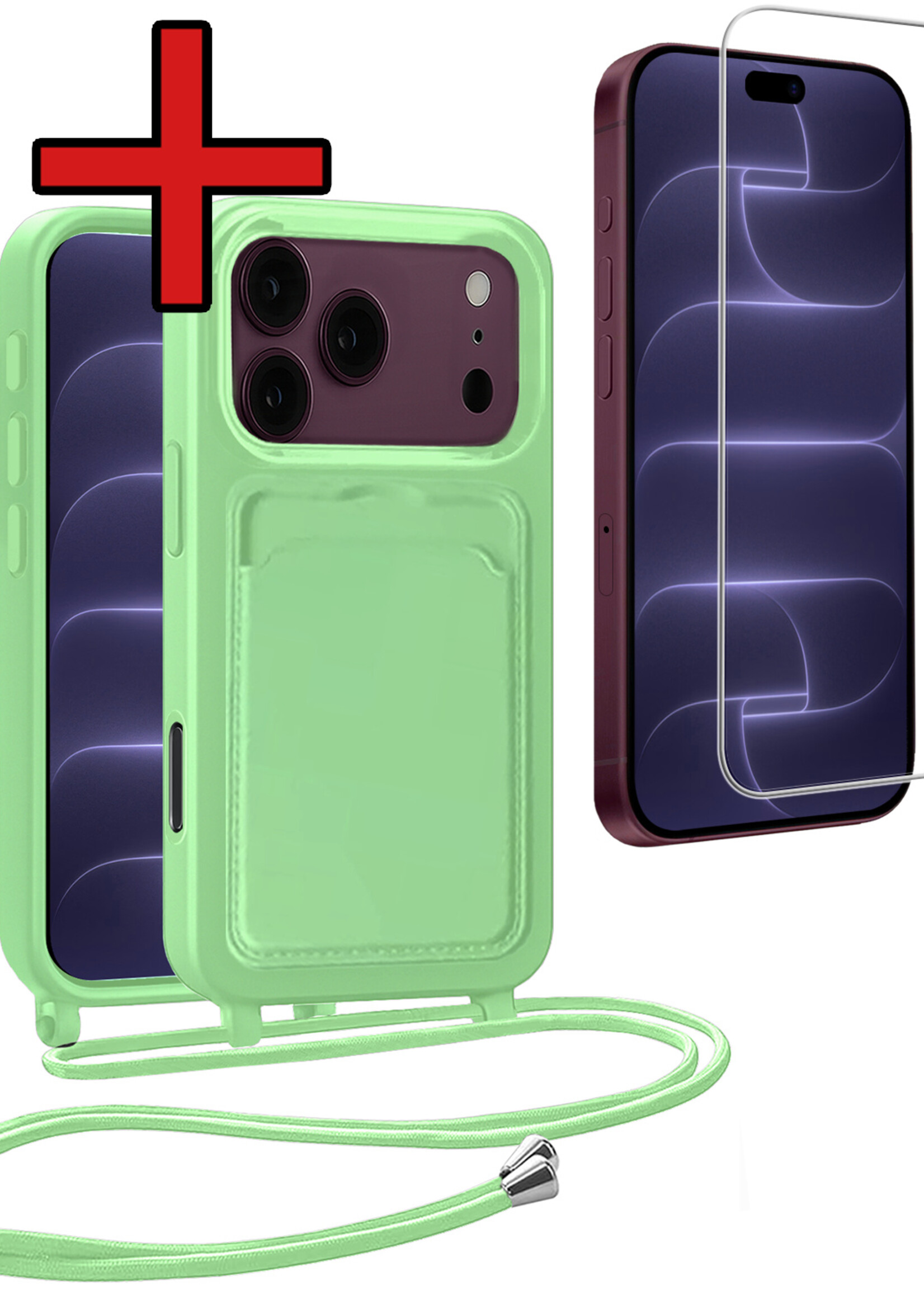 BTH BTH iPhone 18 Pro Hoesje Pashouder met Koord Met Screenprotector - Groen