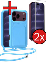 BTH BTH iPhone 18 Pro Hoesje Pashouder met Koord Met 2x Screenprotector - Lichtblauw