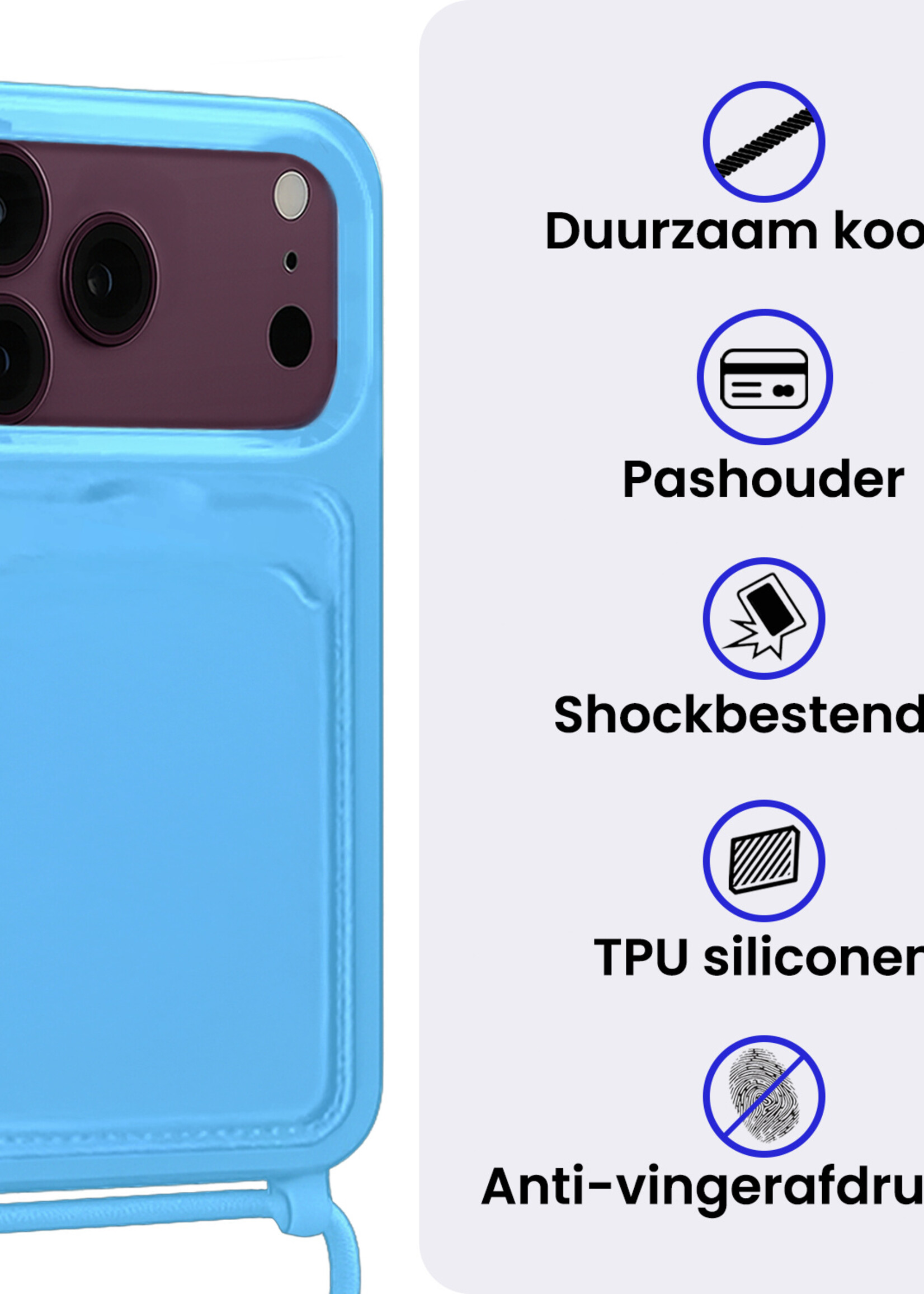 BTH BTH iPhone 18 Pro Hoesje Pashouder met Koord Met 2x Screenprotector - Lichtblauw
