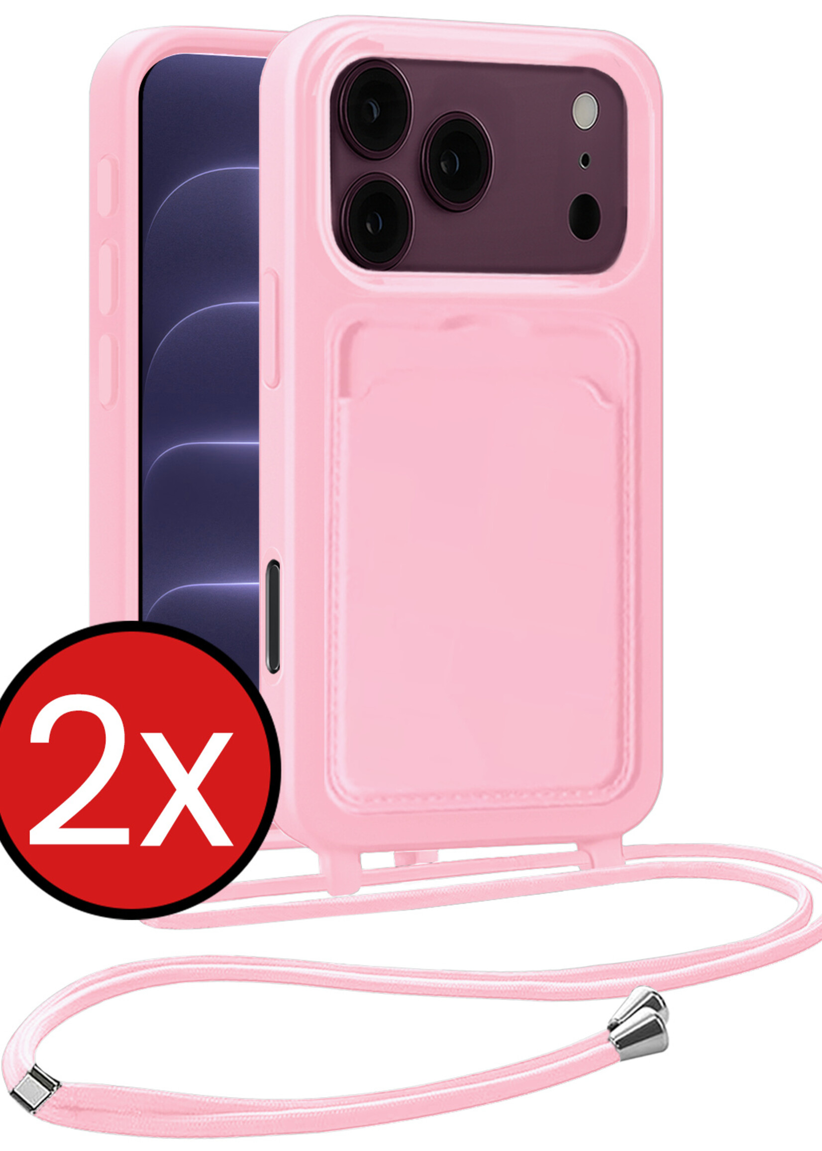 BTH BTH iPhone 18 Pro Hoesje Pashouder met Koord - Lichtroze - 2 PACK