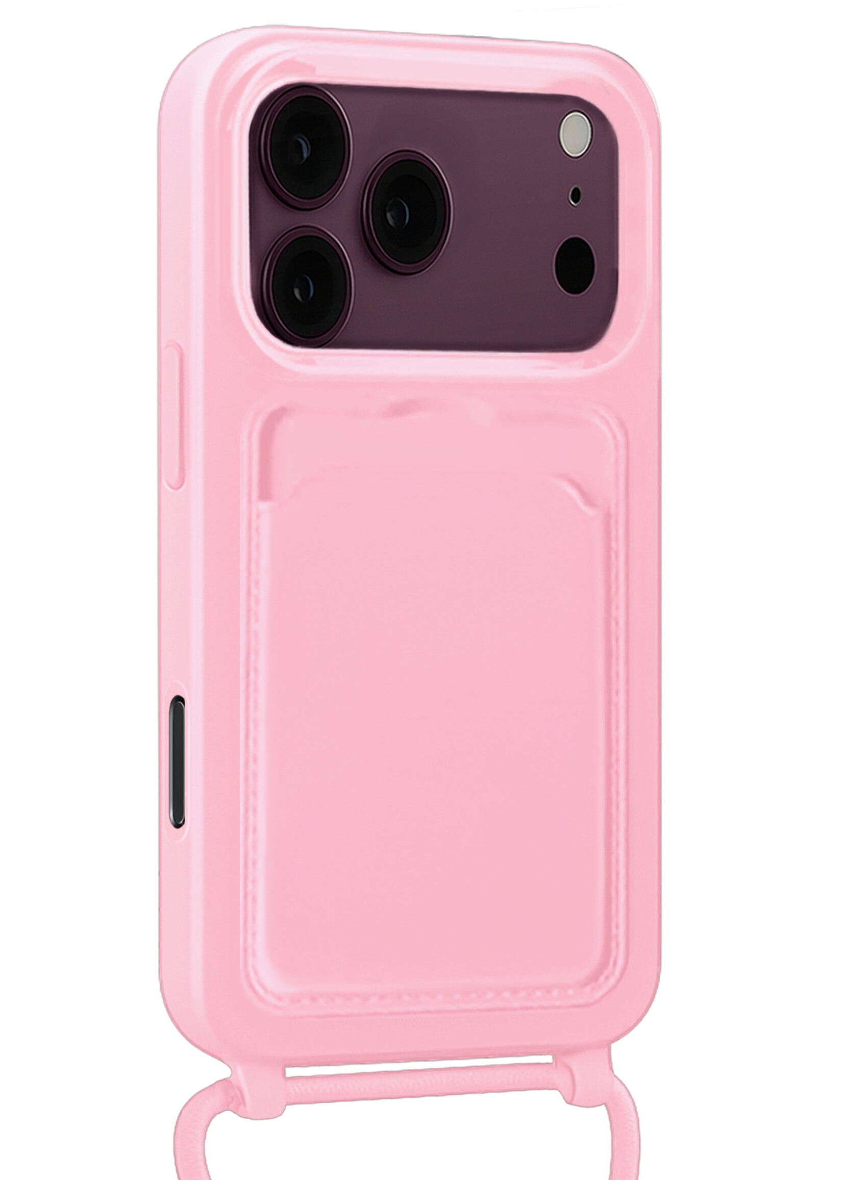 BTH BTH iPhone 18 Pro Hoesje Pashouder met Koord Met Screenprotector - Lichtroze