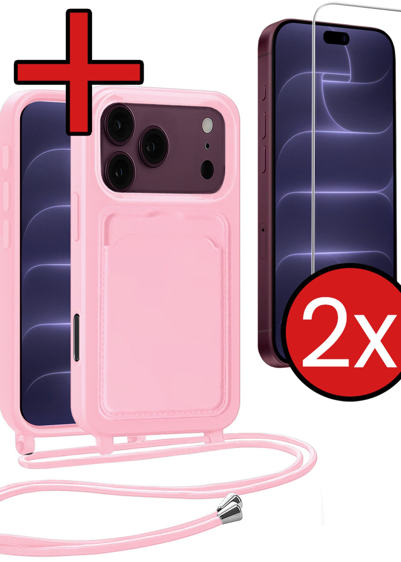 BTH BTH iPhone 18 Pro Hoesje Pashouder met Koord Met 2x Screenprotector - Lichtroze