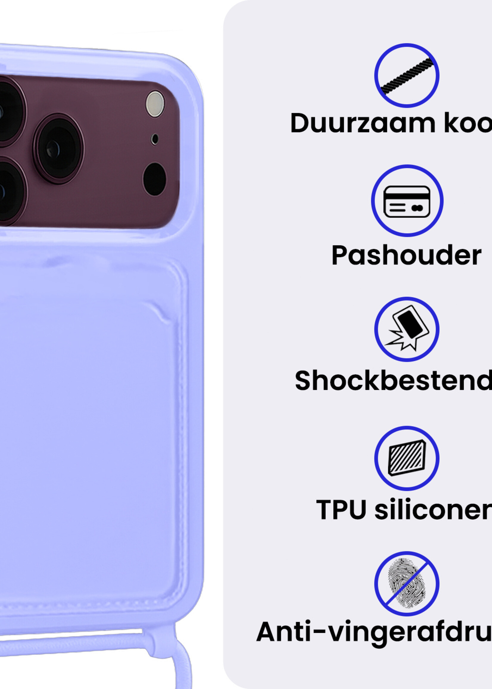 BTH BTH iPhone 18 Pro Hoesje Pashouder met Koord Met Screenprotector - Lila