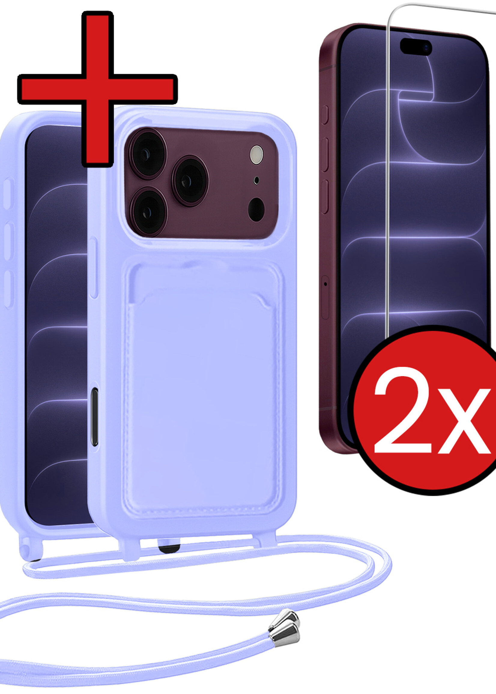 BTH BTH iPhone 18 Pro Hoesje Pashouder met Koord Met 2x Screenprotector - Lila