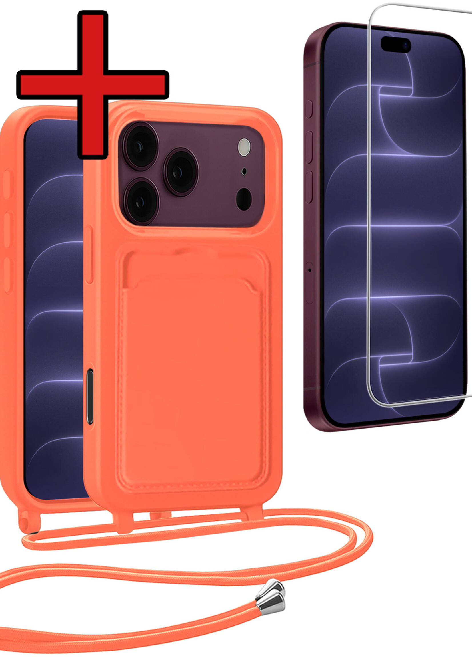 BTH BTH iPhone 18 Pro Hoesje Pashouder met Koord Met Screenprotector - Papaya