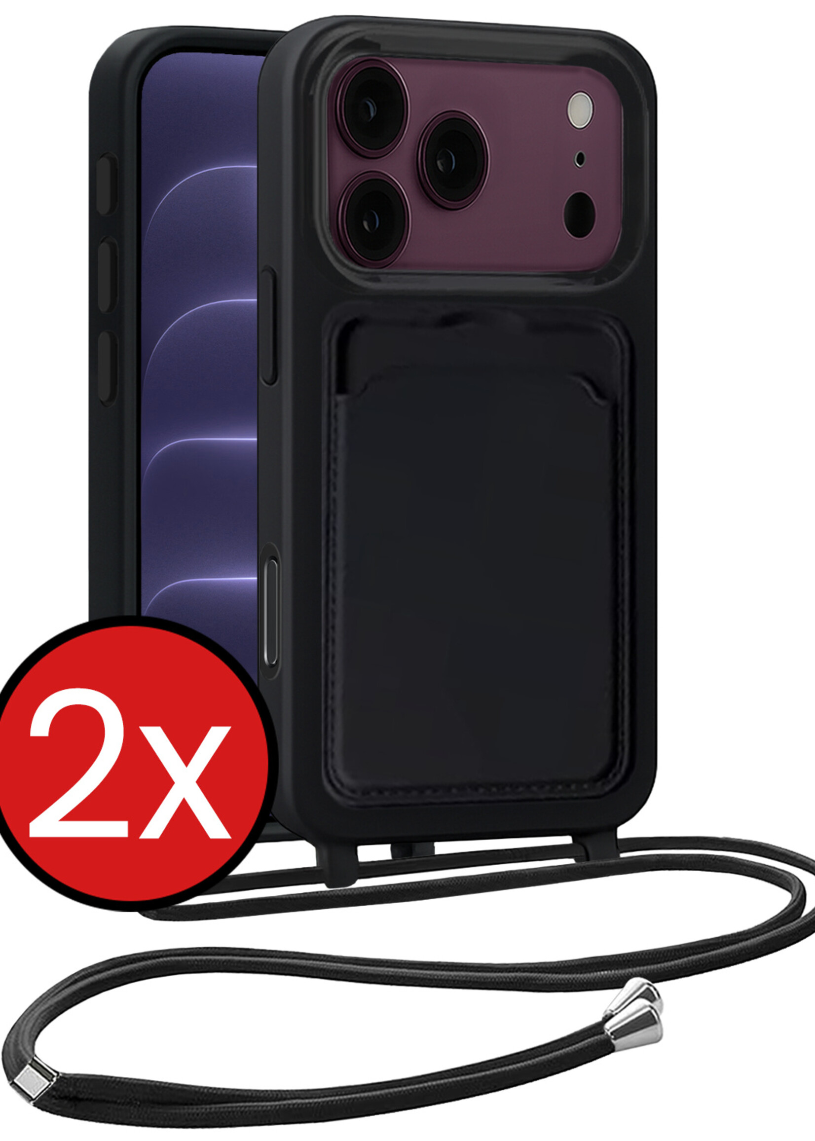 BTH BTH iPhone 18 Pro Hoesje Pashouder met Koord - Zwart - 2 PACK