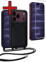 BTH BTH iPhone 18 Pro Hoesje Pashouder met Koord Met Screenprotector - Zwart