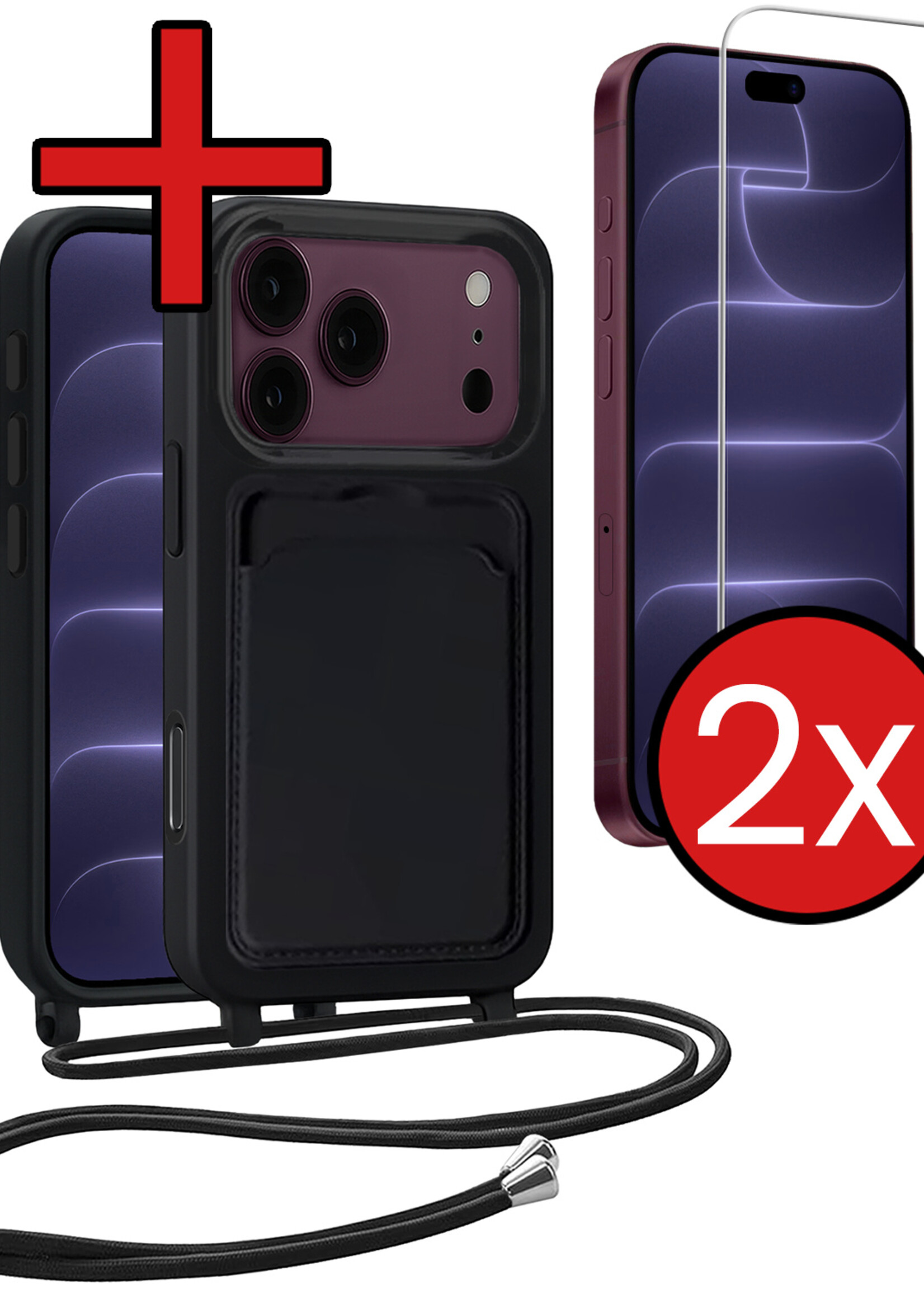 BTH BTH iPhone 18 Pro Hoesje Pashouder met Koord Met 2x Screenprotector - Zwart