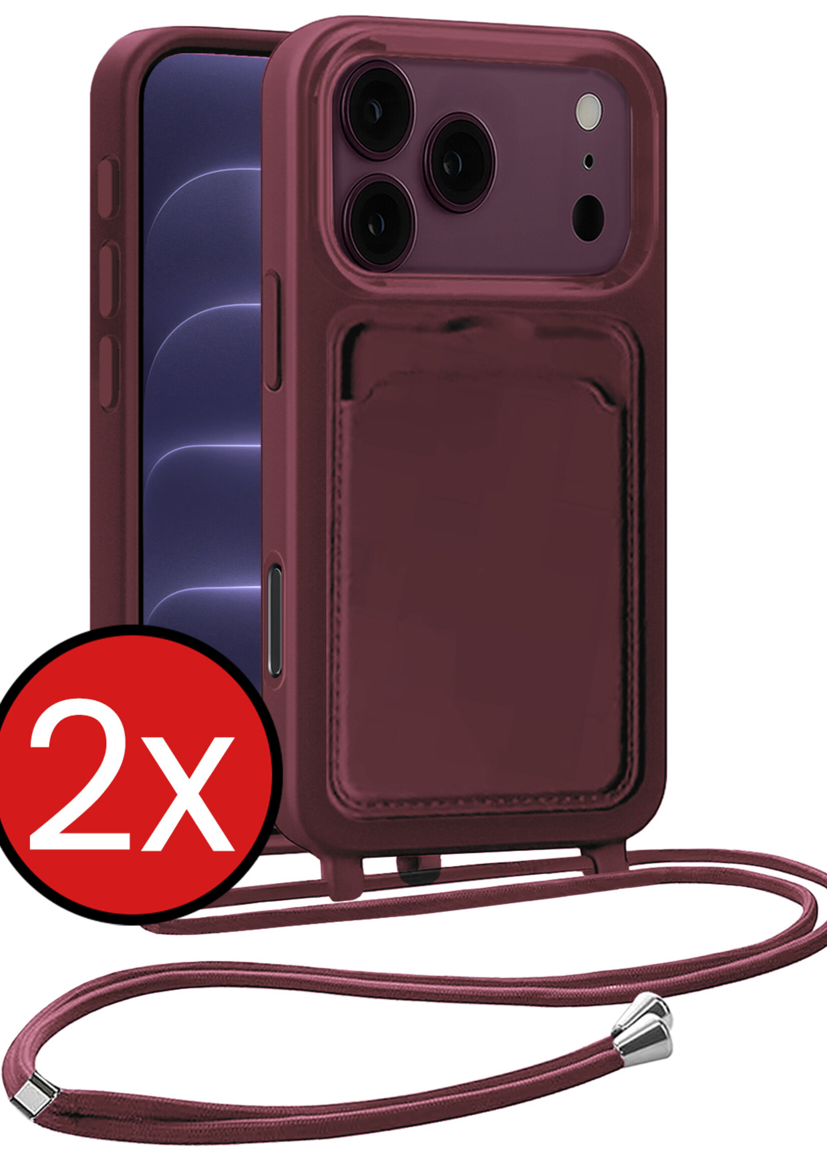 BTH BTH iPhone 18 Pro Max Hoesje Pashouder met Koord - Aubergine - 2 PACK